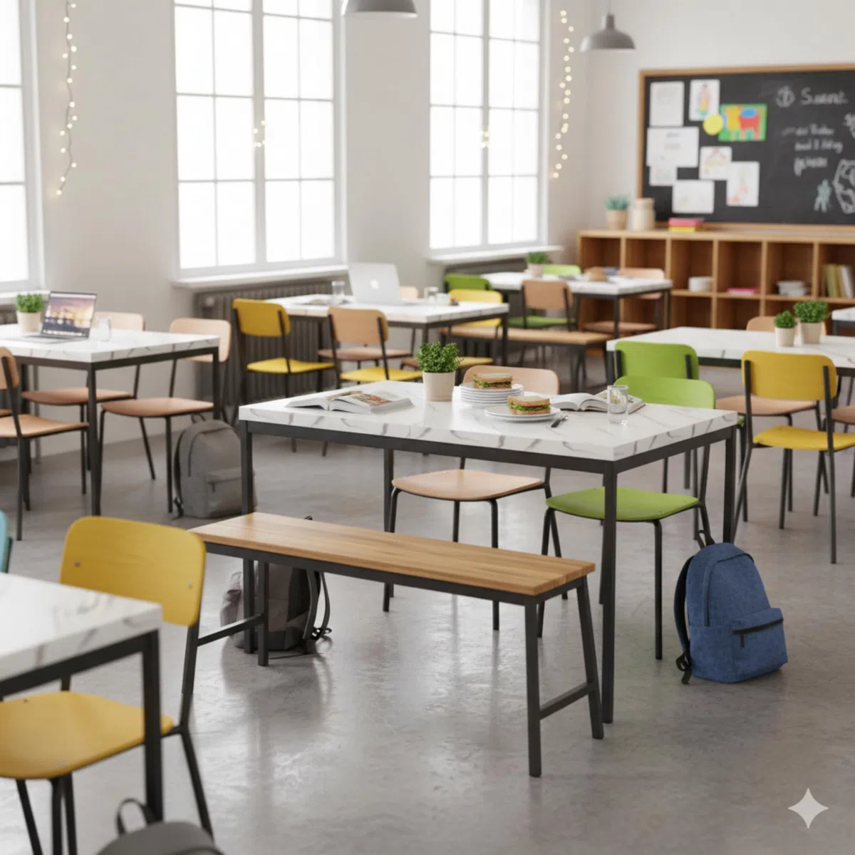 HOMYLIN Tavolo da caffetteria scolastica da 120 cm, con piano in finto marmo laminato e struttura in metallo, tavolo da pranzo resistente per studenti e personale, bianco