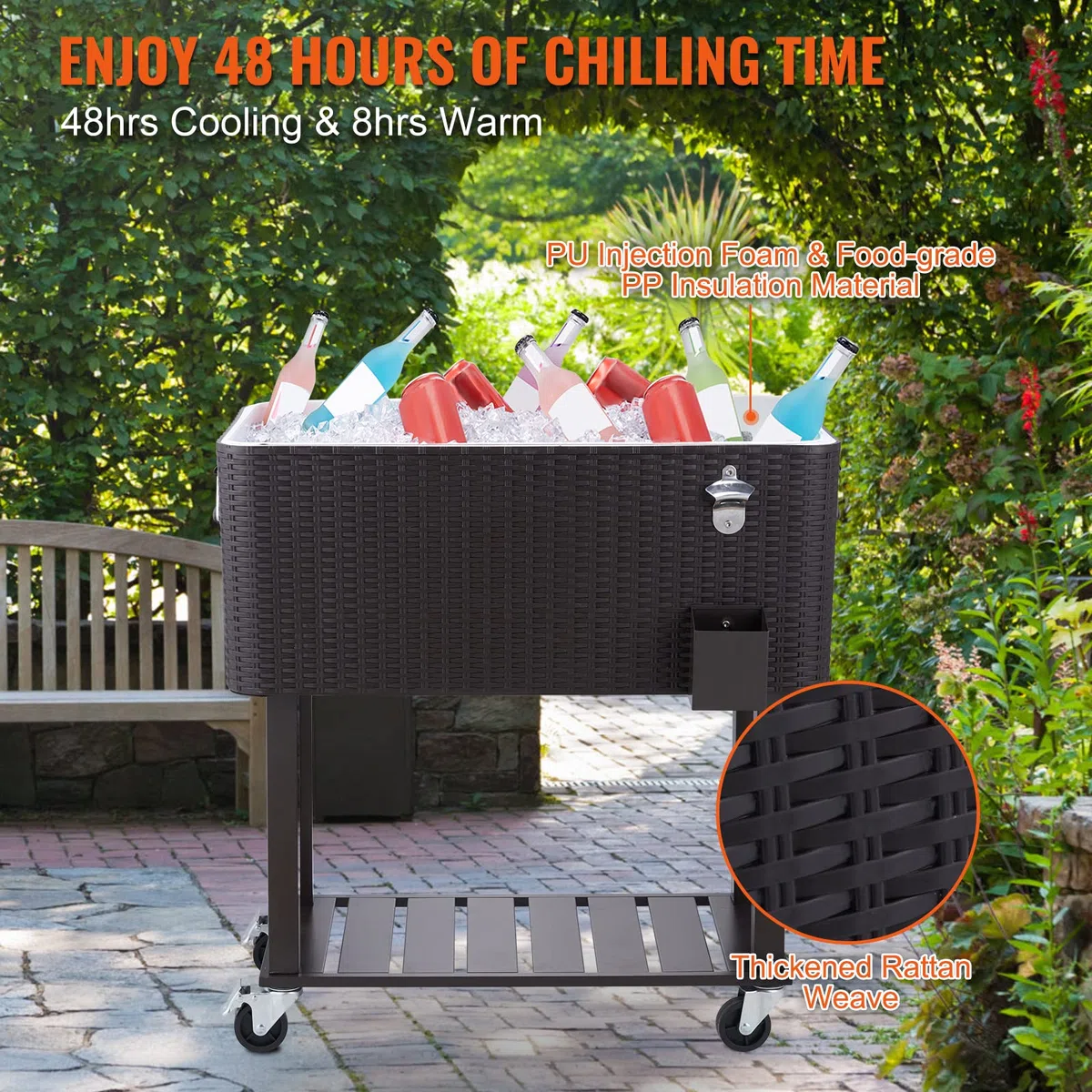 VEVOR Carrello Mobile Bar Frigo per Bevande Carrello Isotermico Superficie Resina Rattan Capienza 80QT Apribottiglie Scatola Raccoglie Tappi, Carrello per Bevande Contenitore per Ghiaccio Portabirre