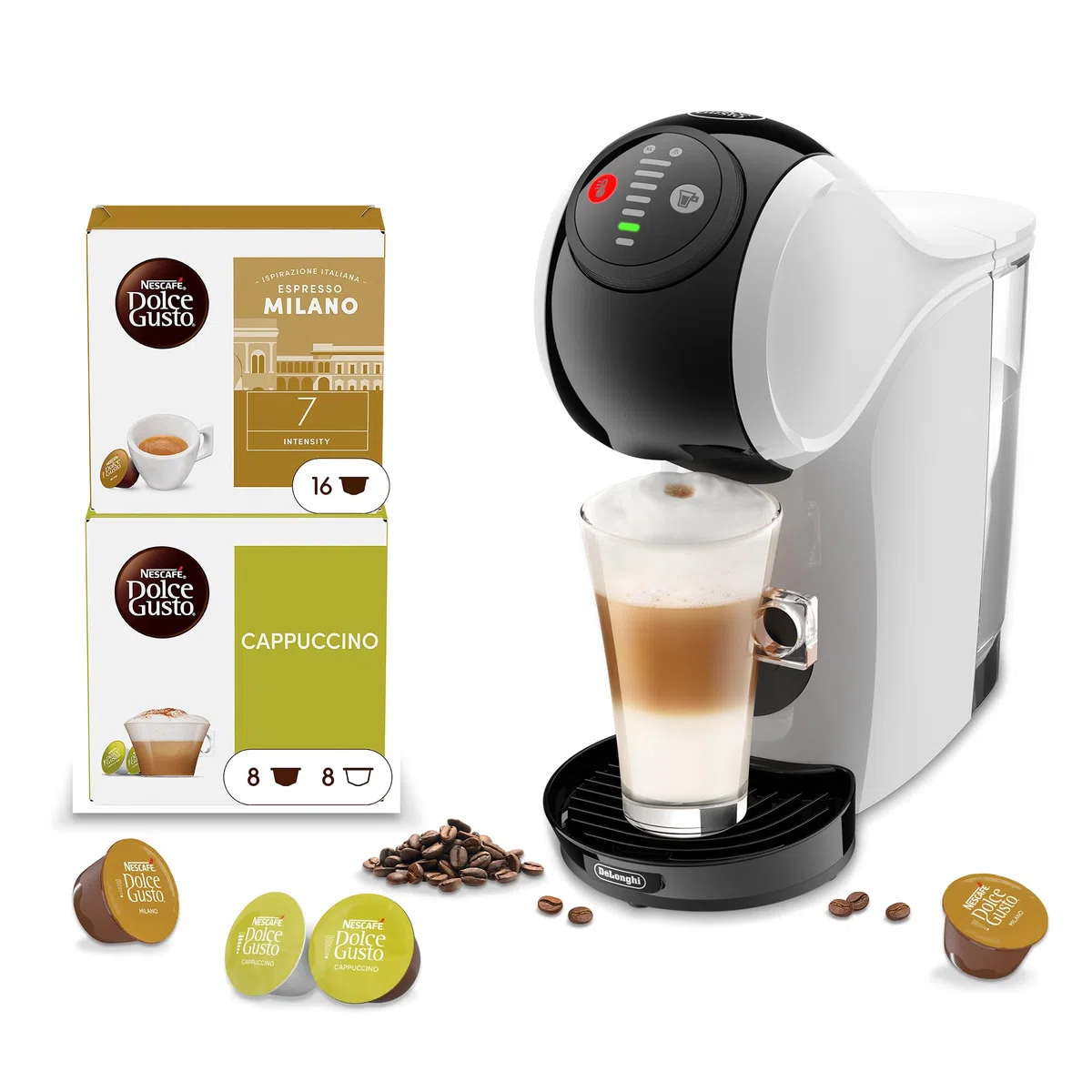 De’Longhi Nescafé Dolce Gusto Genio S – Macchina da Caffè a Capsule Automatica, 15 Bar, Hot & Cold, Bundle 32 Capsule: Cappuccino+ Espresso Milano, Bianca (EDG226.W)