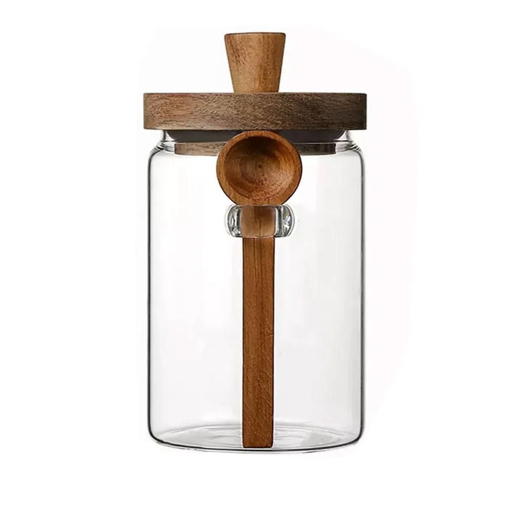 Barattoli in vetro con coperchio in legno e cucchiaio, contenitori per alimenti, barattoli per spezie, tè, caffè, zucchero, organizer da cucina (400 ml)