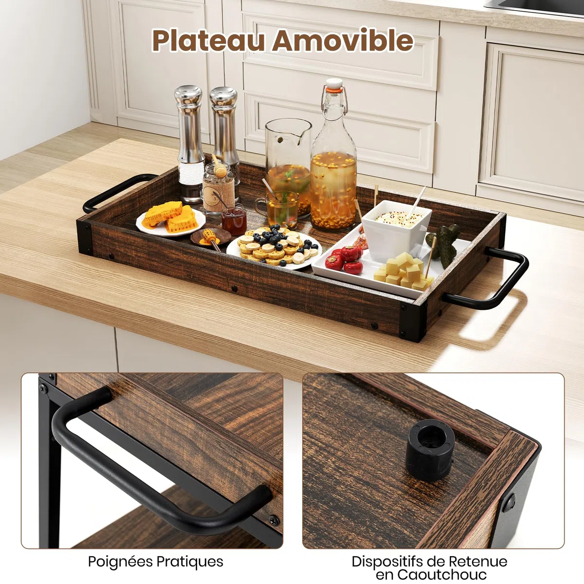 GIANTEX Carrello Bar con Ruote Bloccabili, 3 Livelli, Vassoio Rimovibile, Armadietto per Vino e Portabicchieri, 84x40x90 cm, Marrone