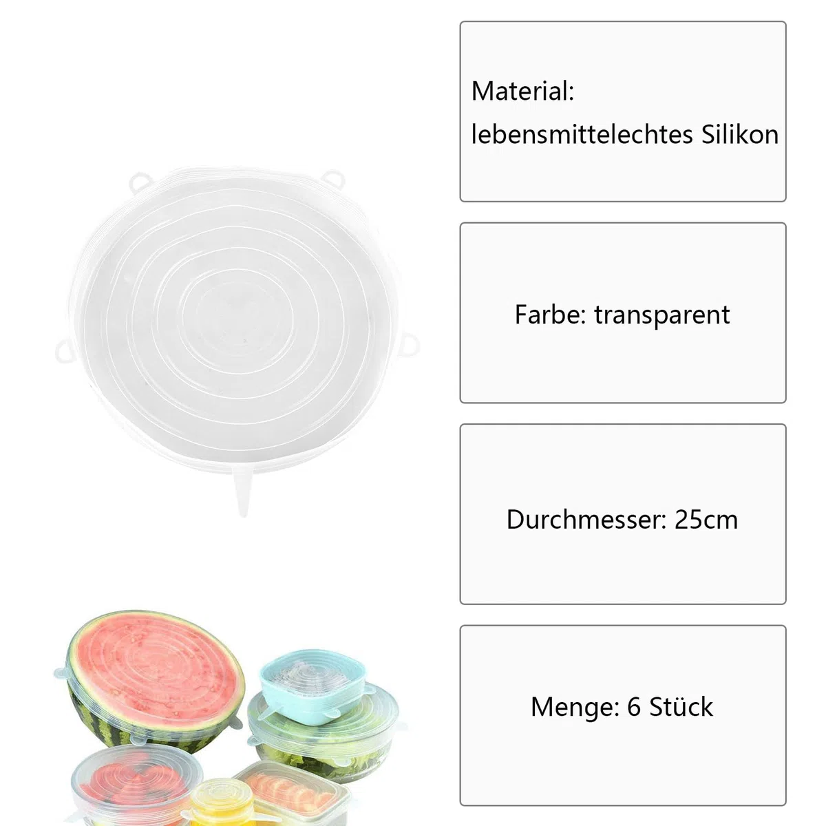 6 coperchi in silicone estensibili, 25 cm, rotondi, trasparenti, senza BPA, riutilizzabili, per bicchieri, lattine, frutta