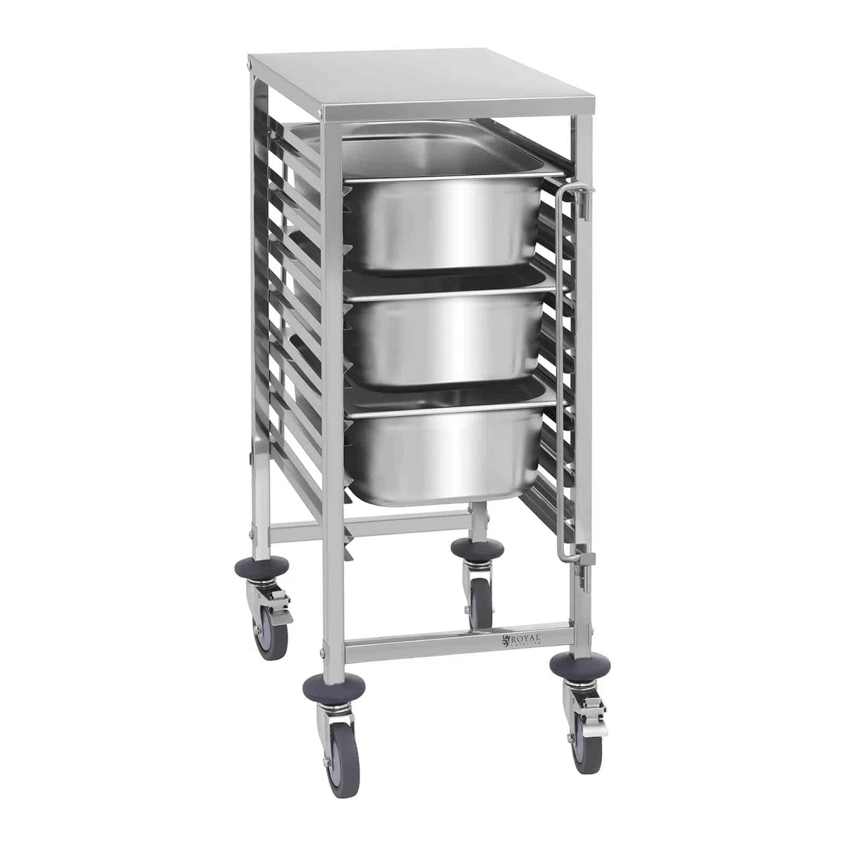 Royal Catering Carrello Portavassoi di Servizio RCTW 7 GN1/1 (Acciaio Inox, Gomma Termoplastica, 7 Contenitori GN, 50 Kg, 2 Freni)