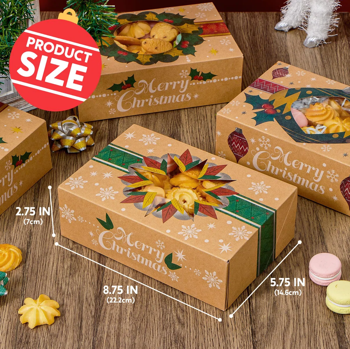 JOYIN 24 Scatole di biscotti natalizi kraft kraft con finestra 8,5 "x 5,75" x 2,75 ", tratta scatole con 3 disegni per pasticcini, cupcakes, brownies, regalo, ciambella e biscotti