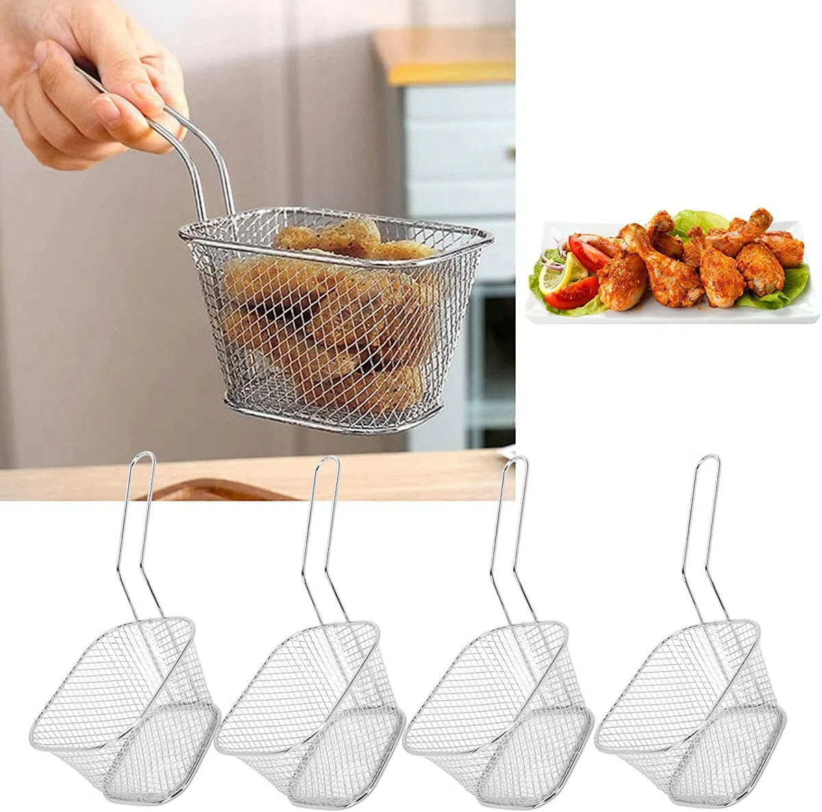 4 Pezzi Cestello per Friggere Per Patatine Fritte Cestello Patatine Fritte in Acciaio Indossidabile 10,5 x 8,5 x 6,5