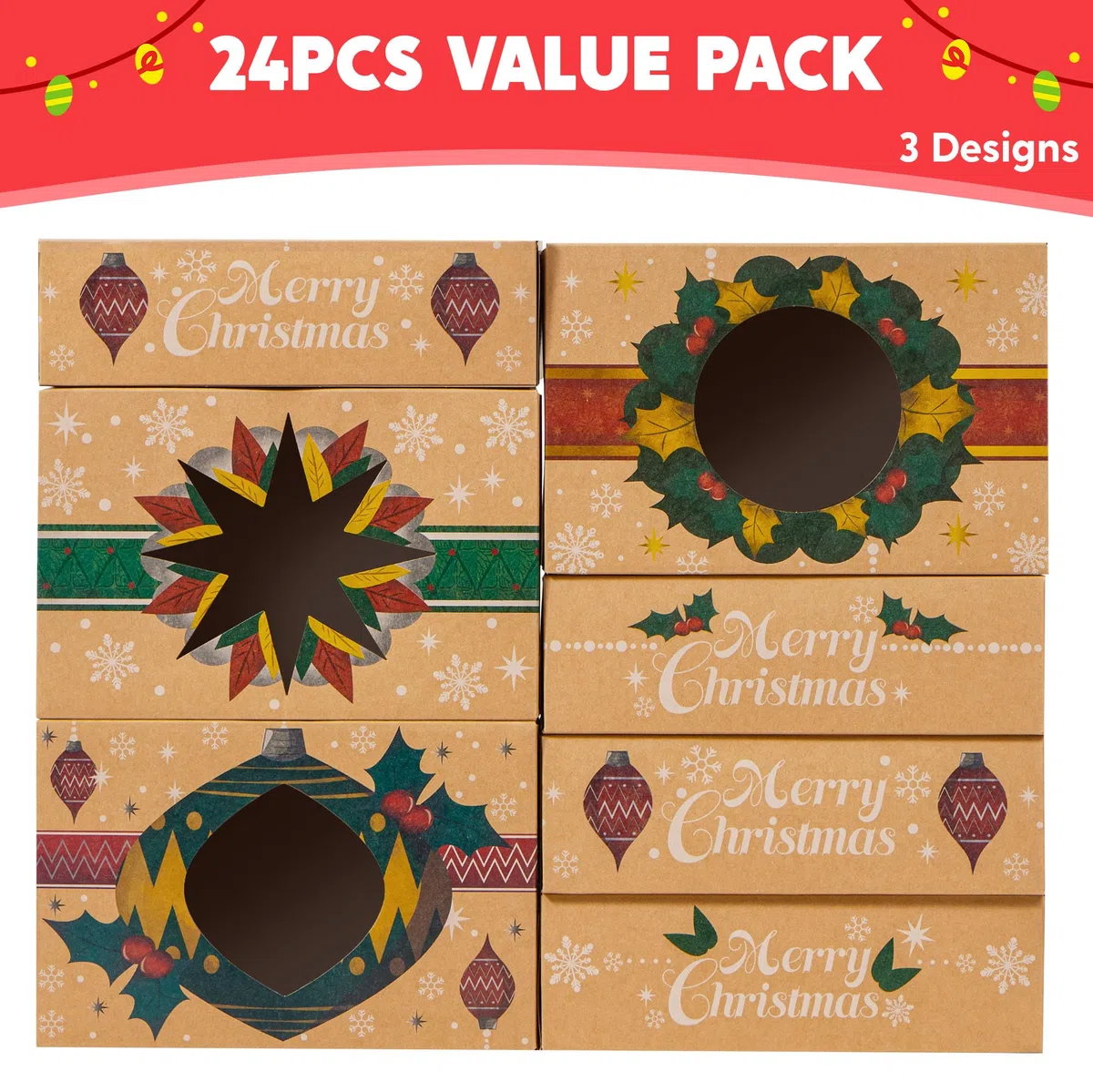 JOYIN 24 Scatole di biscotti natalizi kraft kraft con finestra 8,5 "x 5,75" x 2,75 ", tratta scatole con 3 disegni per pasticcini, cupcakes, brownies, regalo, ciambella e biscotti