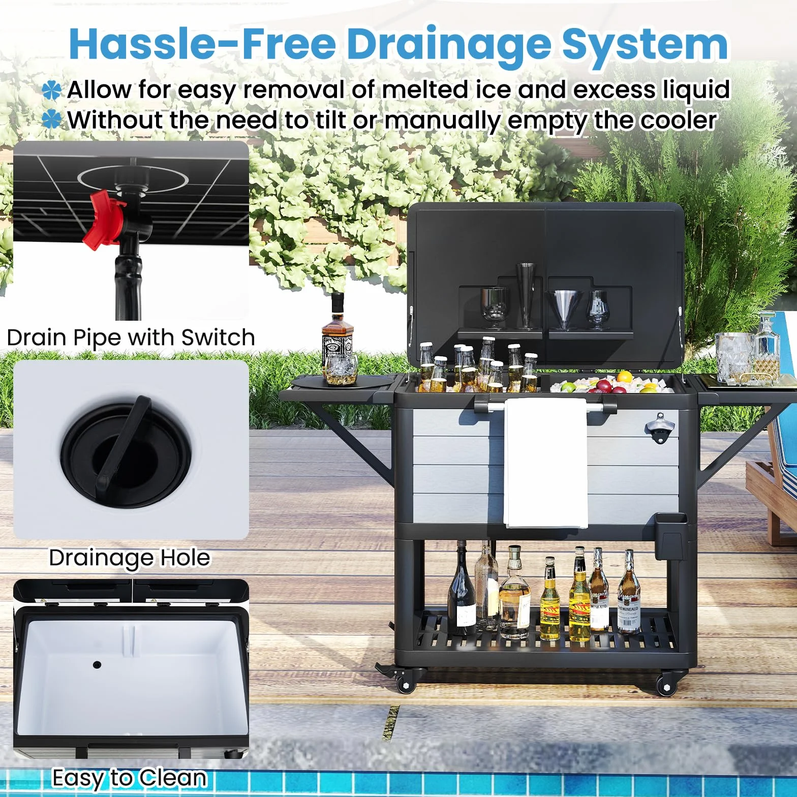 SOARS Glaciera a Rotelle 91 L, Bar Esterno Mobile 83 x 50 x 85 cm, con Separatore Rimovibile, 2 Ripiani Laterali Pieghevoli, 4 Ruote Universali, per Giardino, Terrazza, Piscina