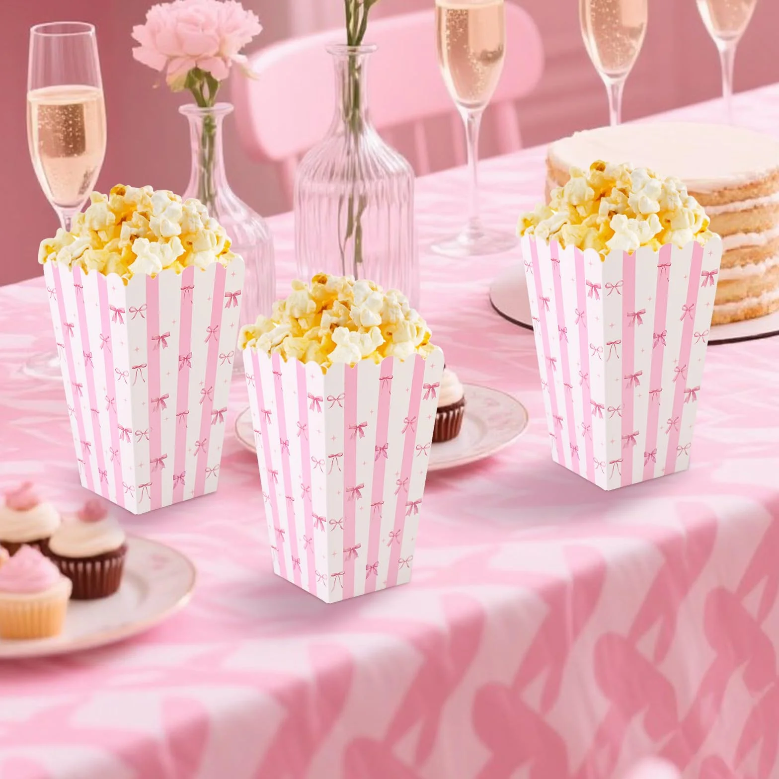 BOXOB 24 Scatole per Popcorn con Fiocco Rosa, Piccole Scatole Snack Biscotti e Caramelle Contenitori Popcorn per Feste di Compleanno Bambini Bambine (Bianco Rosa)