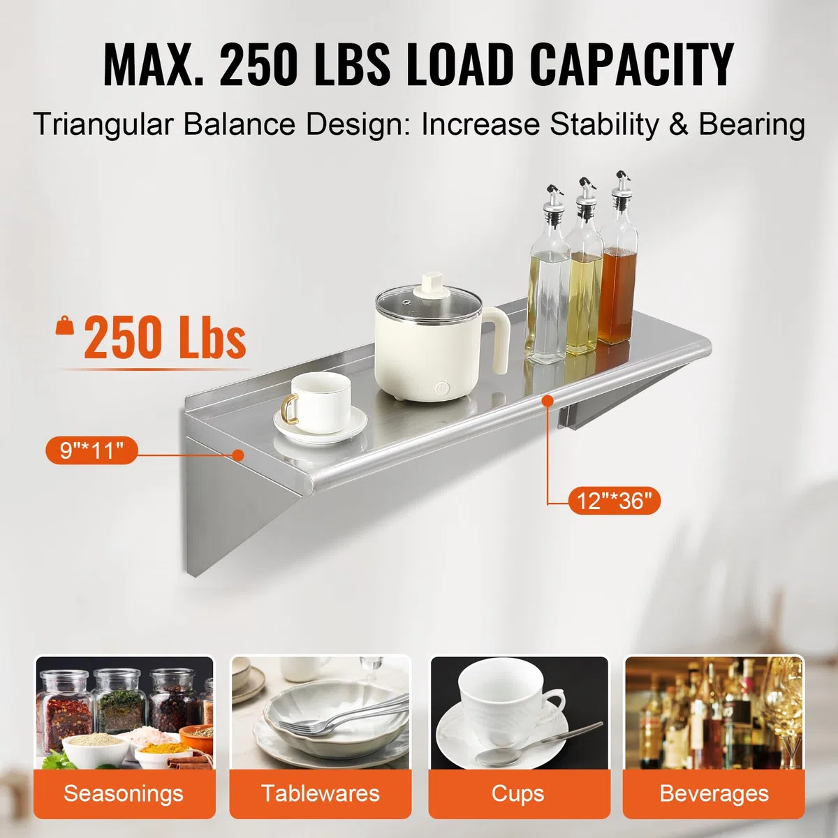 VEVOR Mensola da Parete in Acciaio Inox 915 x 305 x 63 mm Scaffale Murale per Cucina Bagno Soggiorno Capacità Carico Max. 113kg, Mensola da Parete Portaoggetti Portaspezie in Acciaio Inox per Cucina