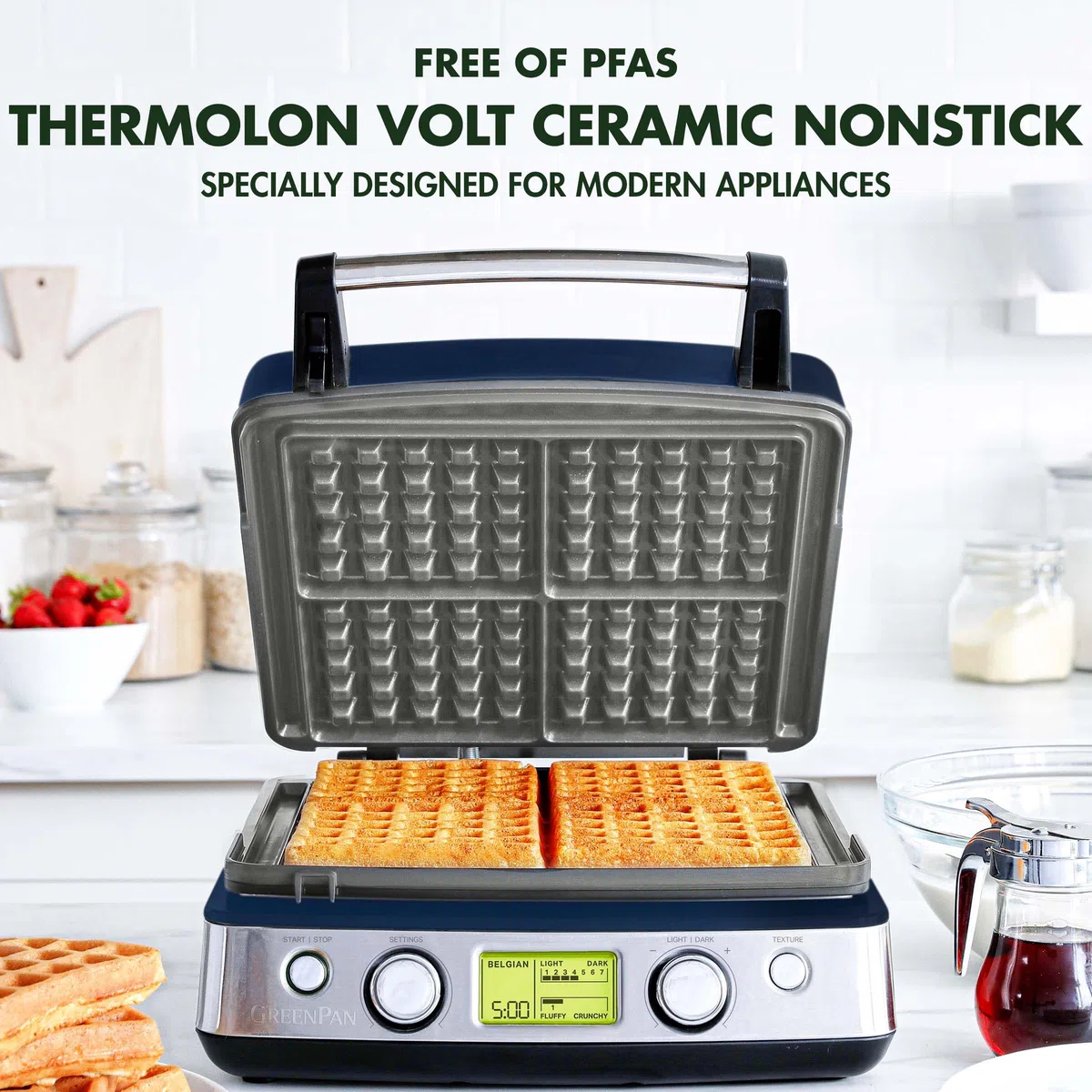 GreenPan Elite - Piastra per waffle belga e classica 4 quadrati, ceramica sana, antiaderente, in alluminio, lavabile in lavastoviglie, controlli ombra regolabili/scricchiolii, non traboccante,