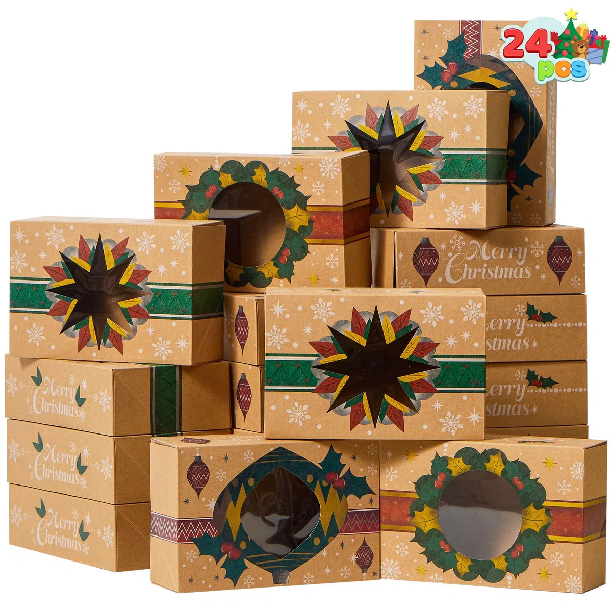 JOYIN 24 Scatole di biscotti natalizi kraft kraft con finestra 8,5 "x 5,75" x 2,75 ", tratta scatole con 3 disegni per pasticcini, cupcakes, brownies, regalo, ciambella e biscotti