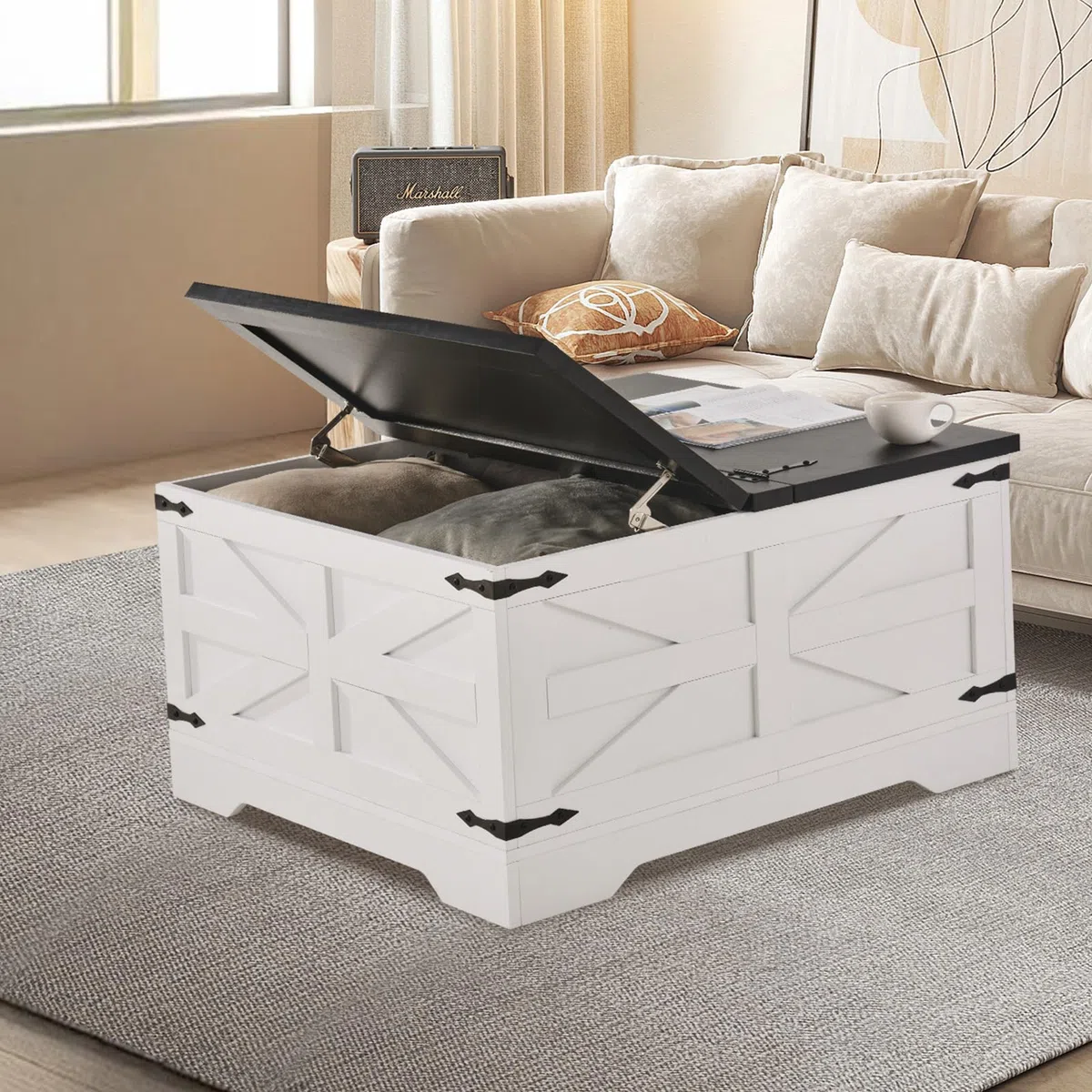 VEVOR Tavolino da Caffè da Fattoria 800 mm Tavolino Quadrato Incernierato con Ampio Vano Portaoggetti, Tavolo da Cocktail Rustico in Legno per Soggiorno, Camera da Letto, Appartamento, Grigio e Bianco