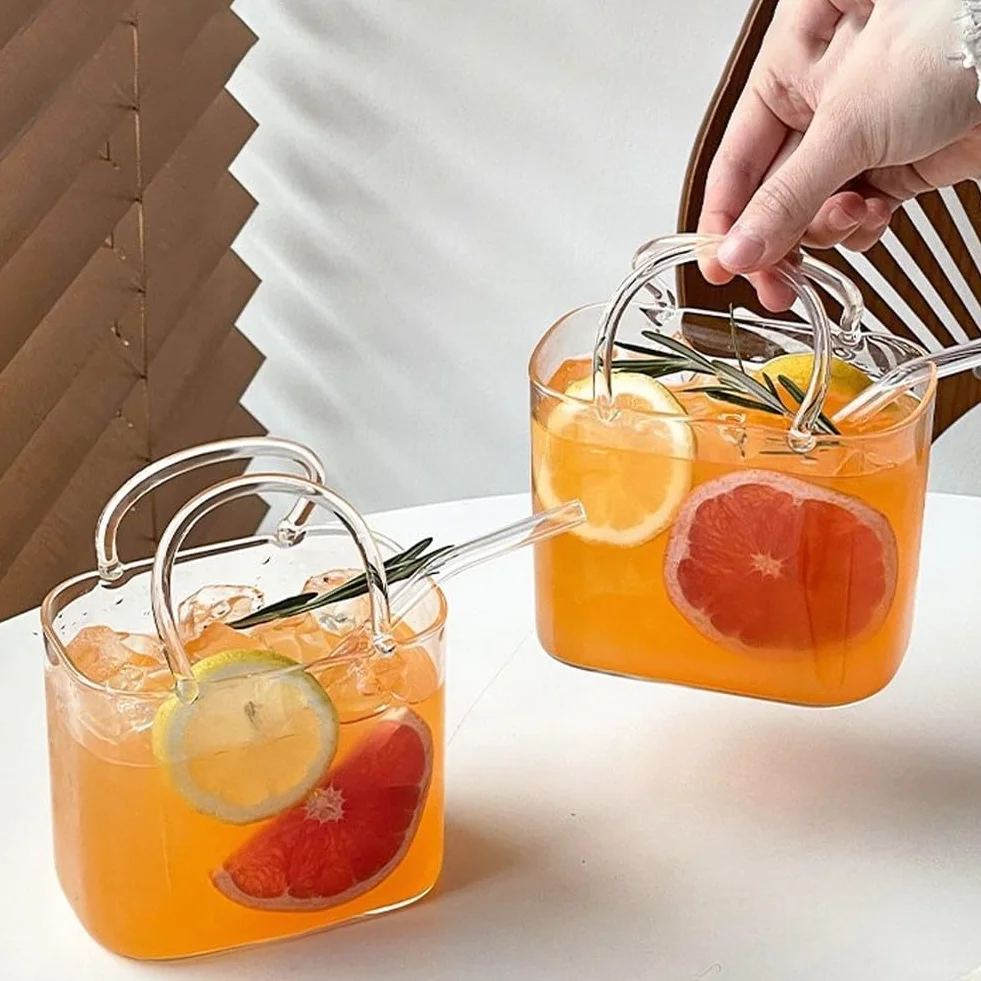 BlissfulAbode Portabevande in vetro a forma di borsa chic trasparente con manico, doppio uso, server per bevande, per cocktail, succhi di frutta, bibite, fiori, decorazione da tavolo alla per moda