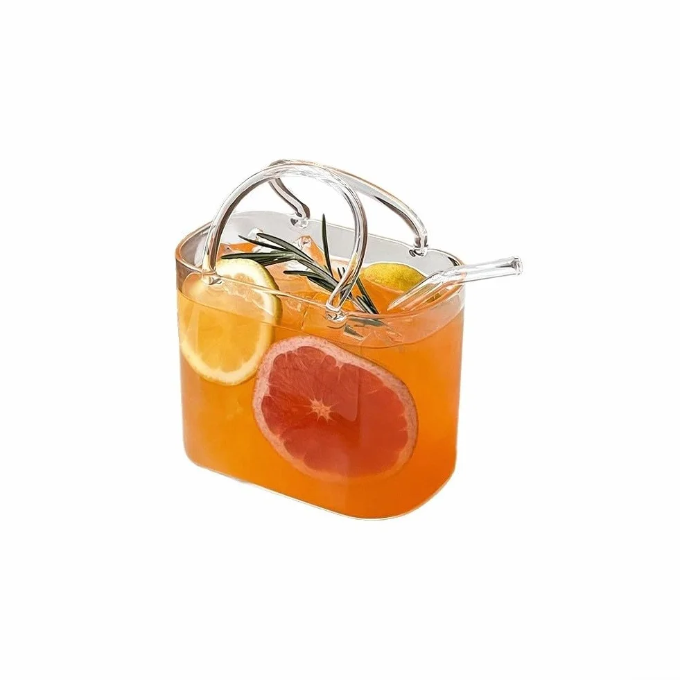 BlissfulAbode Portabevande in vetro a forma di borsa chic trasparente con manico, doppio uso, server per bevande, per cocktail, succhi di frutta, bibite, fiori, decorazione da tavolo alla per moda