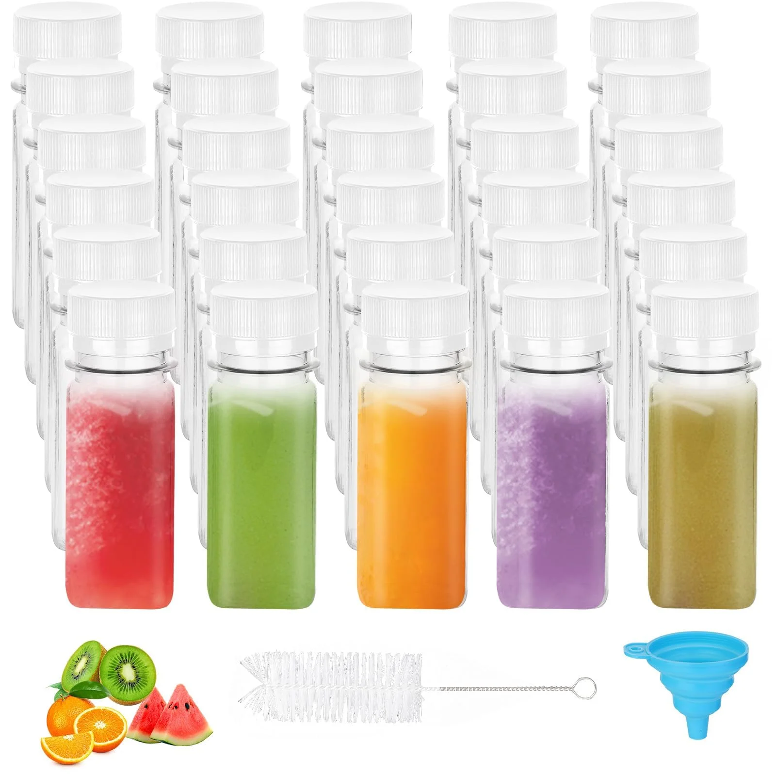 30 bottiglie di zenzero Shot Mini da riempire – 60 ml di plastica trasparente per frullati con imbuto e spazzola per frigorifero Ginger Juicer