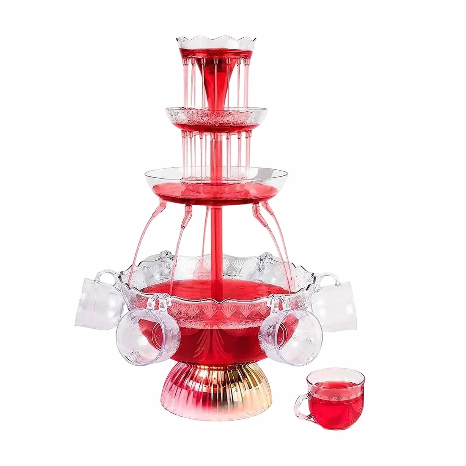 Fontana di festa, 3 livelli trasparenti, fontana di vino rosso, 4 l, con 5 bicchieri riutilizzabili e base illuminata a LED, per pub, matrimoni, feste in casa