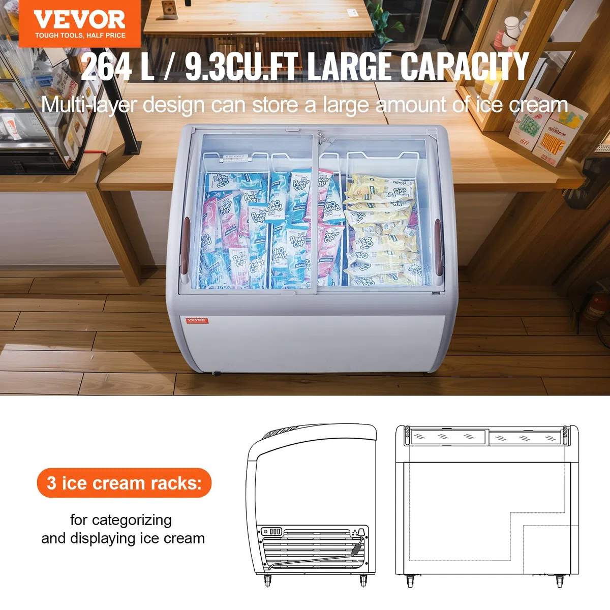 VEVOR Vetrina per Gelato Commerciale 990 x 705 x 875 mm Congelatore Mobile 264 L Vetrina per Gelateria con Piano Vetro, 3 Cestelli Metallici, 2 Porte Scorrevoli in Vetro, Ruote di Bloccaggio, Bianco