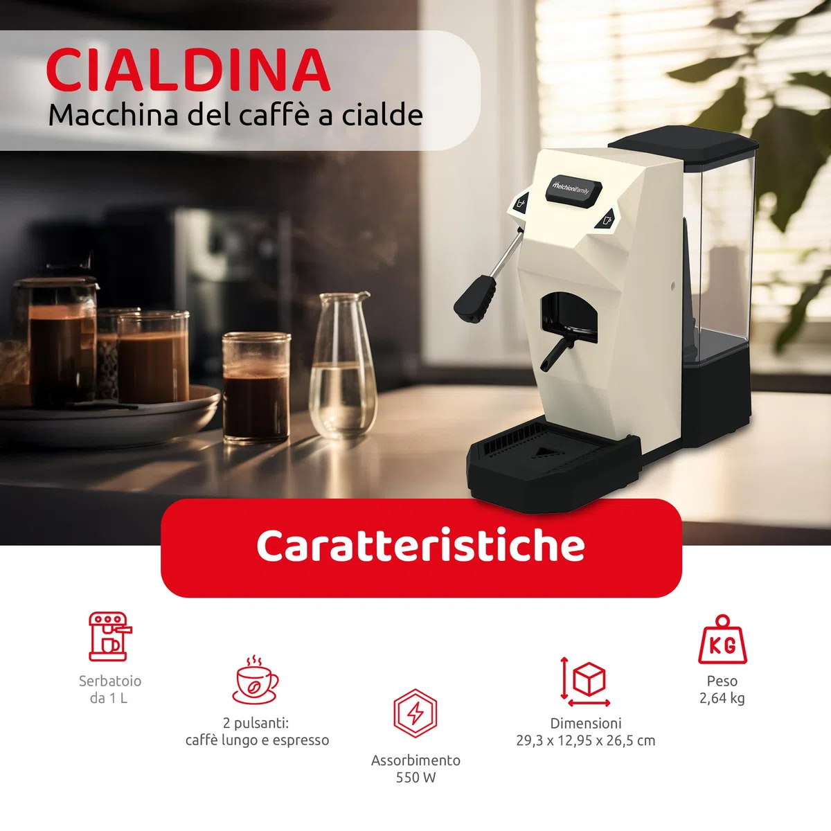 Melchioni Family | CIALDINA Macchina Caffè Espresso compatibile con Cialde E.S.E., 15 Bar, Serbatoio 1L, 2 Pulsanti Espresso e Lungo, Pompa Italiana, 550W