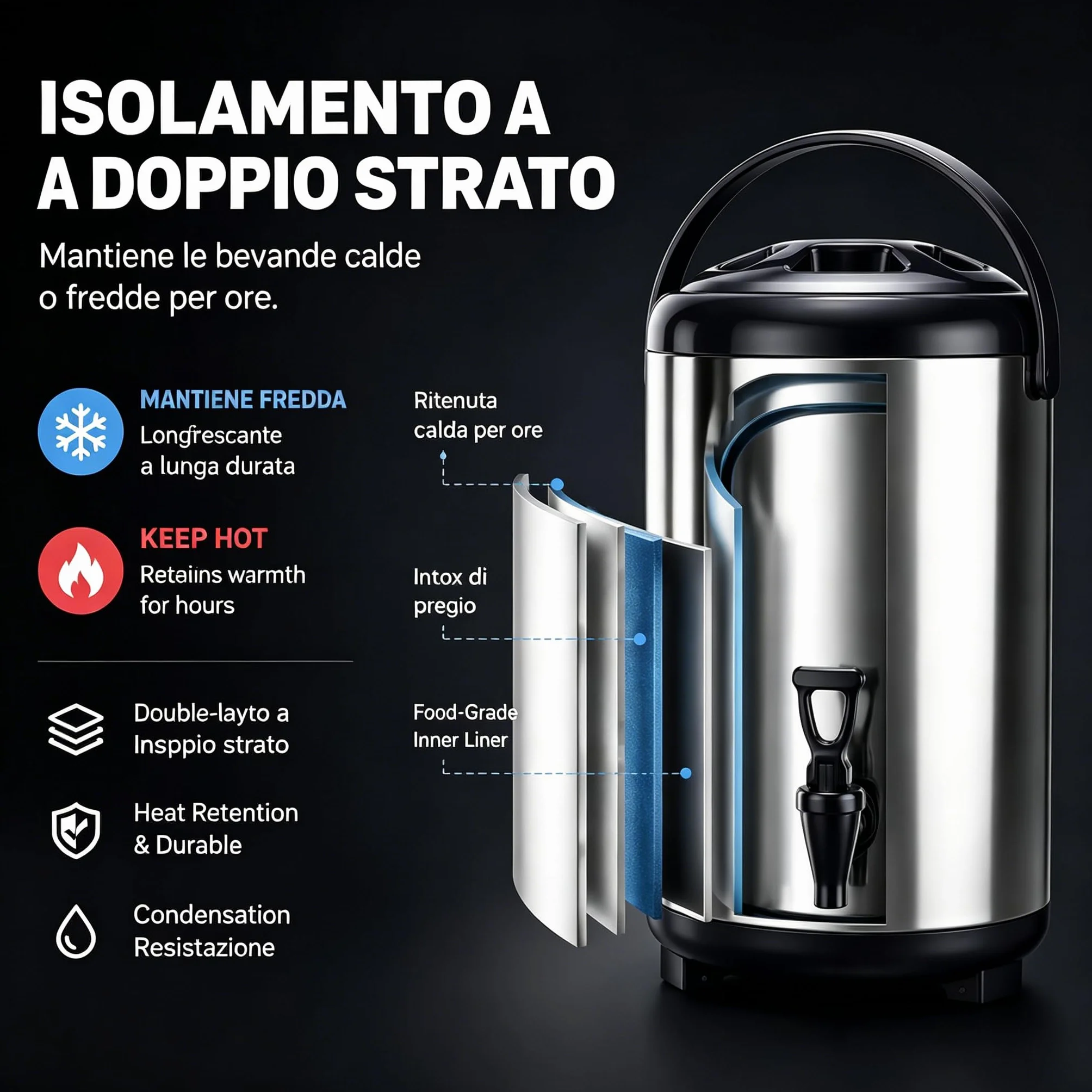 Distributore Di Bevande In Acciaio Inossidabile, Secchio Isolato 8L Per Bevande Calde E Fredde Con Rubinetto Per Tè Al Latte