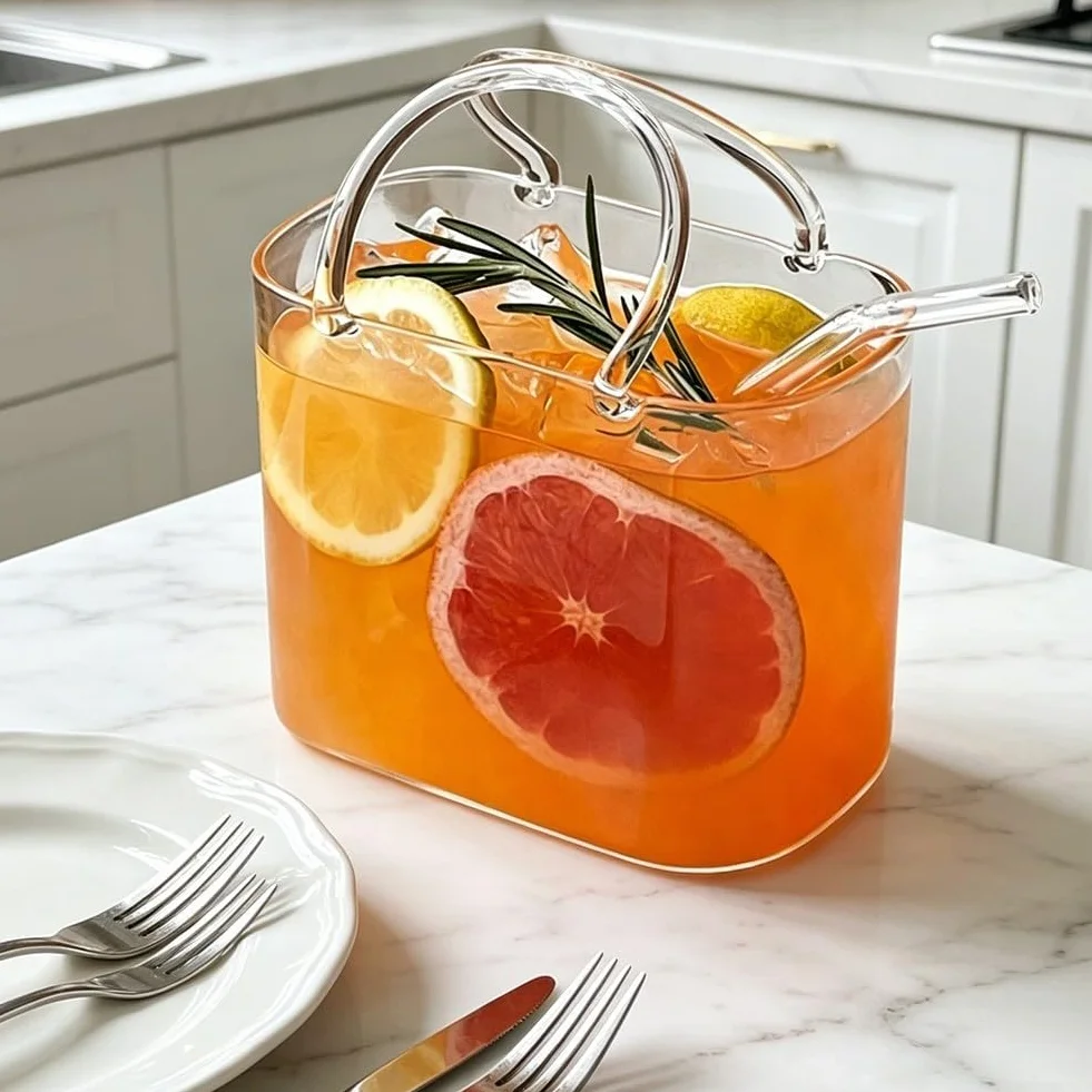 BlissfulAbode Portabevande in vetro a forma di borsa chic trasparente con manico, doppio uso, server per bevande, per cocktail, succhi di frutta, bibite, fiori, decorazione da tavolo alla per moda