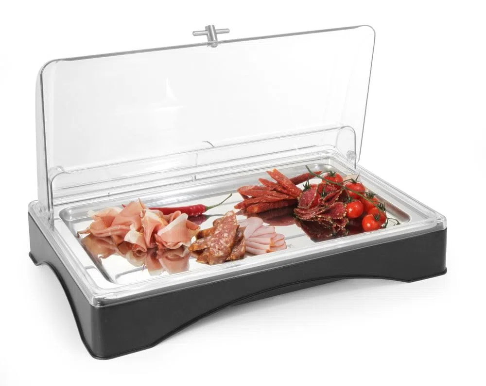 HENDI Vetrina Espositiva Refrigerata, Display per Buffet, Set Espositore di Raffreddamento con Vassoio GN 1/1, Coperchio Trasparente ed Elemento Refrigerante, 555x357x(h)175 mm, ABS, PC, Inox