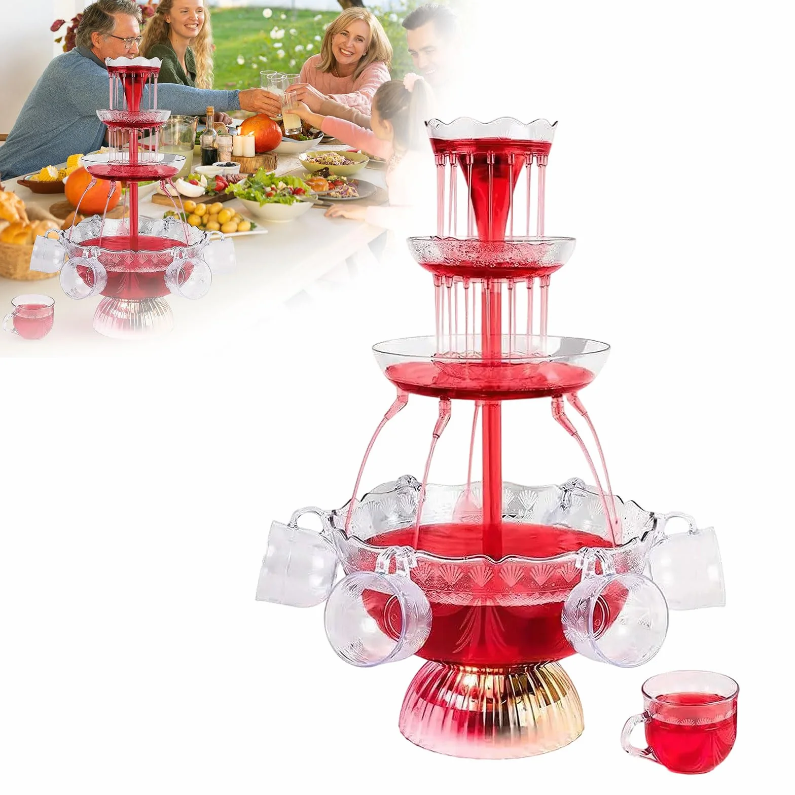 Fontana di festa, 3 livelli trasparenti, fontana di vino rosso, 4 l, con 5 bicchieri riutilizzabili e base illuminata a LED, per pub, matrimoni, feste in casa