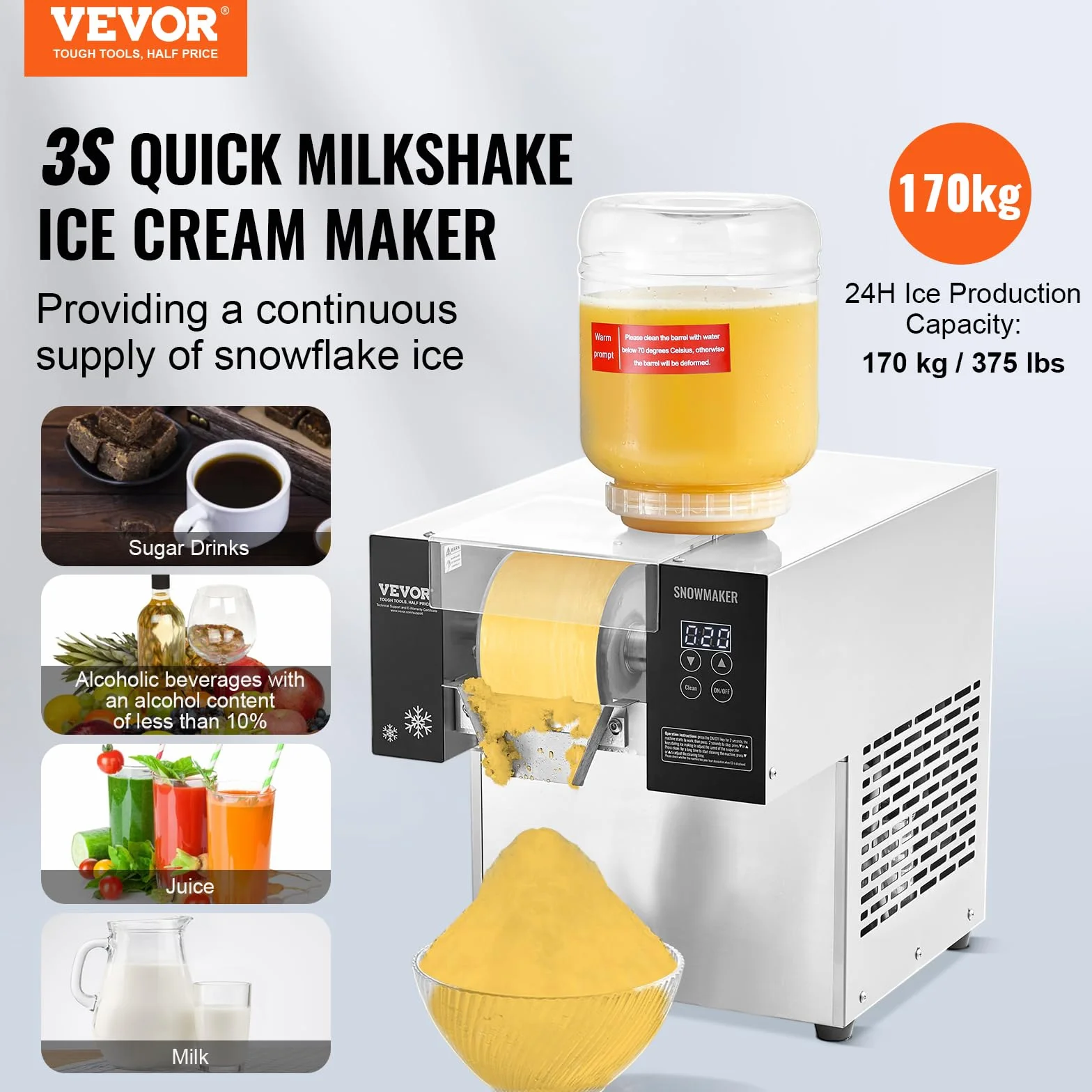 VEVOR Macchina per Ghiaccio a Fiocchi di Neve Commerciale, 170 kg/24 Ore, Macchina per Ghiaccio Tritato in Acciaio Inox, Sistema di Raffreddamento ad Aria per Dissipazione Calore, per Panetteria, Bar