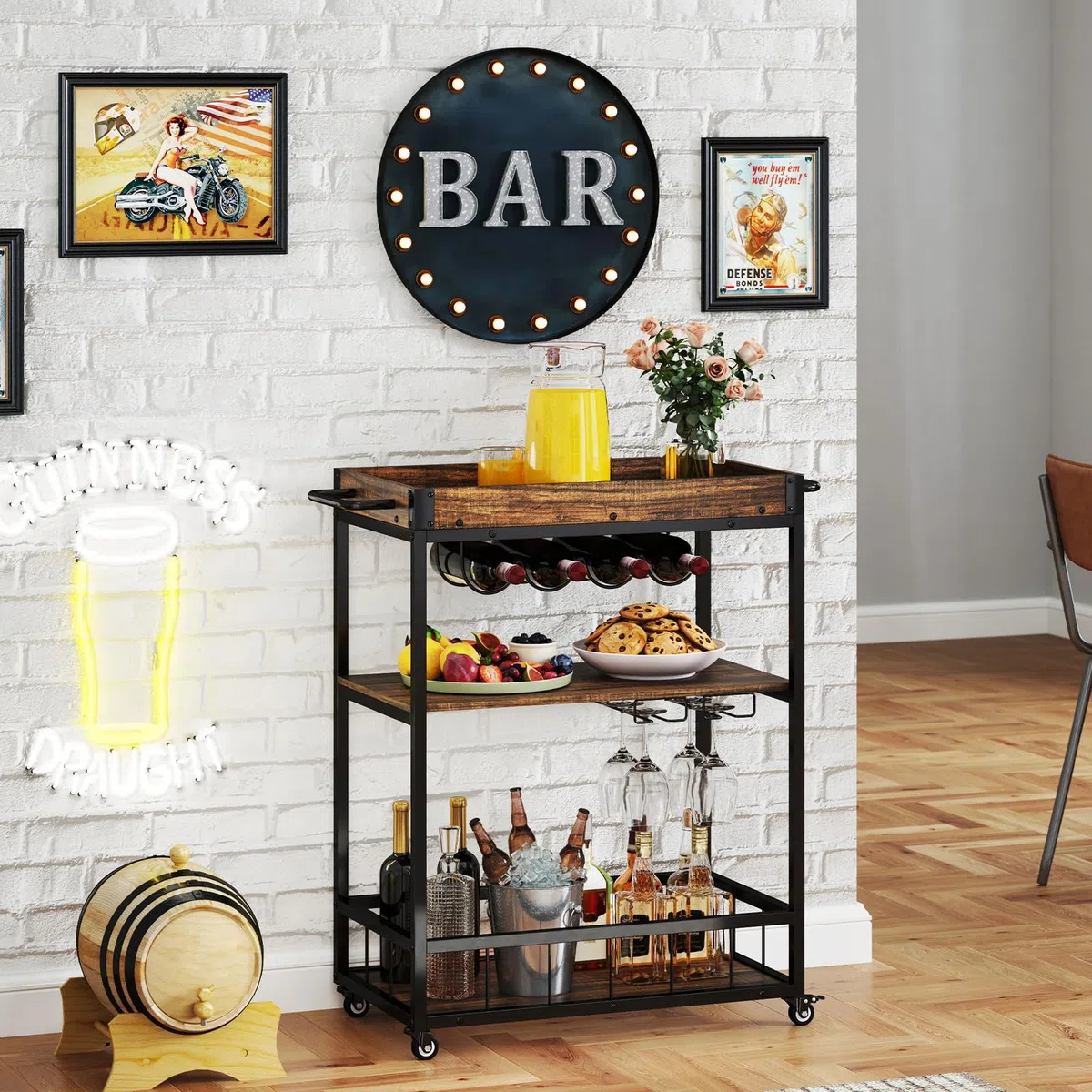 GIANTEX Carrello Bar con Ruote Bloccabili, 3 Livelli, Vassoio Rimovibile, Armadietto per Vino e Portabicchieri, 84x40x90 cm, Marrone