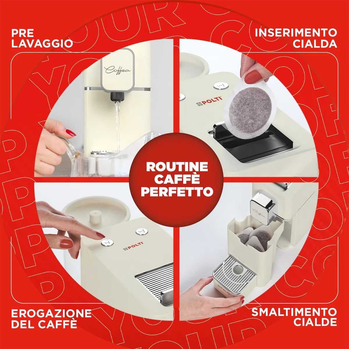 Polti Coffea S15C, Macchina per Caffè Espresso, Compatibile con Cialde E.S.E. 44 mm, Serbatoio 0,85L, Pressione Pompa 19 bar, Colore Crema