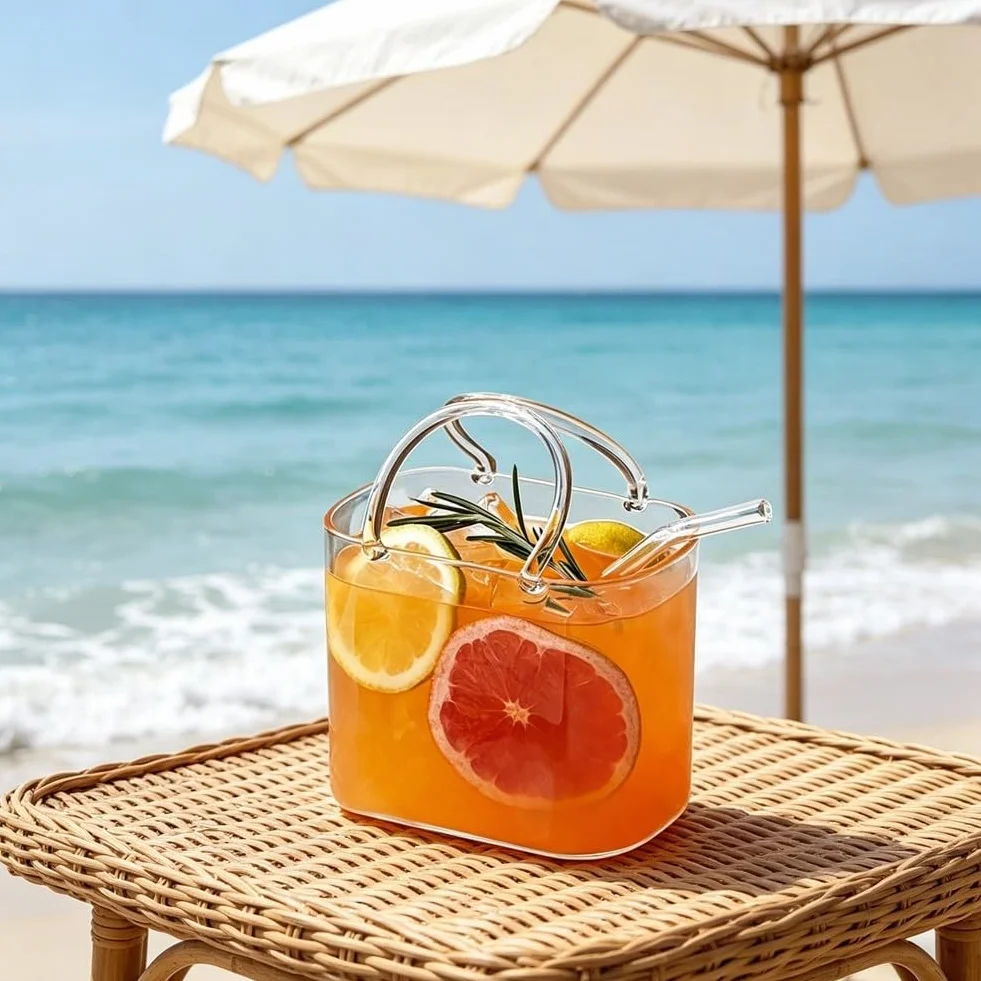 BlissfulAbode Portabevande in vetro a forma di borsa chic trasparente con manico, doppio uso, server per bevande, per cocktail, succhi di frutta, bibite, fiori, decorazione da tavolo alla per moda