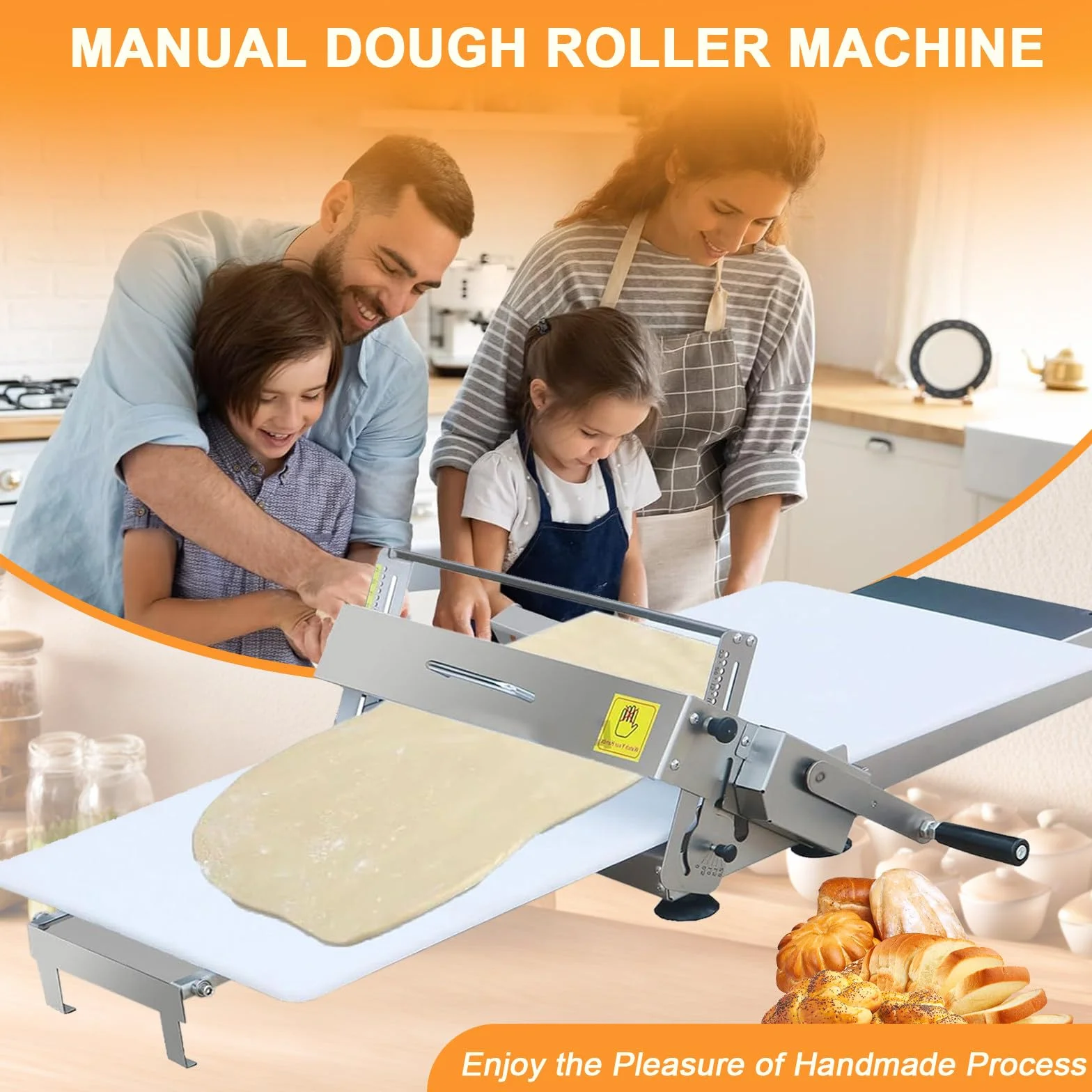 Sfogliatrice Pasticceria Manuale Pieghevole, Sfogliatrice Pasticceria Manuale In Acciaio Inox, Spessori Regolabili da 0 a 25 mm, Superficie Antiaderente in PP, per Croissant, Pizza e Pasta 400-Model