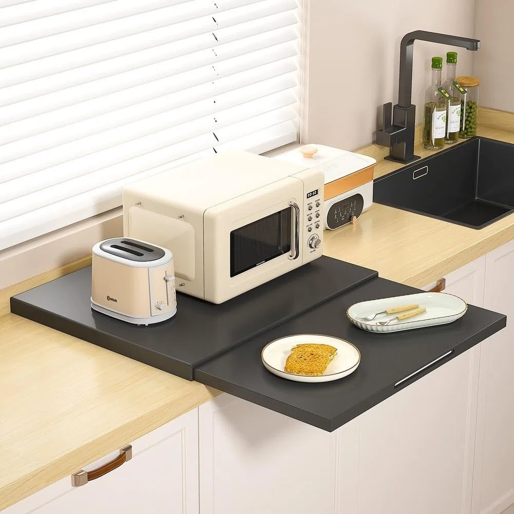 Scaffale regolabile estraibile per forno, mensola da cucina estensibile da 39-65 cm, robusta in lega di ferro, organizer per microonde e caffettiera, vassoio salvaspazio scorrevole, nero