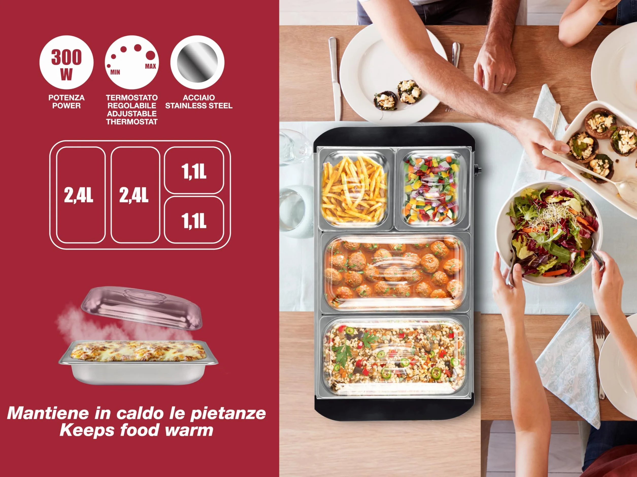 BEPER P101TEM002 Scaldavivande da Buffet, Mantenitore di Calore per Pietanze, 4 Vassoi Rimovibili + Base Piastra Calda, Termostato Regolabile e Maniglie Termoisolanti, Ideale per feste ed eventi