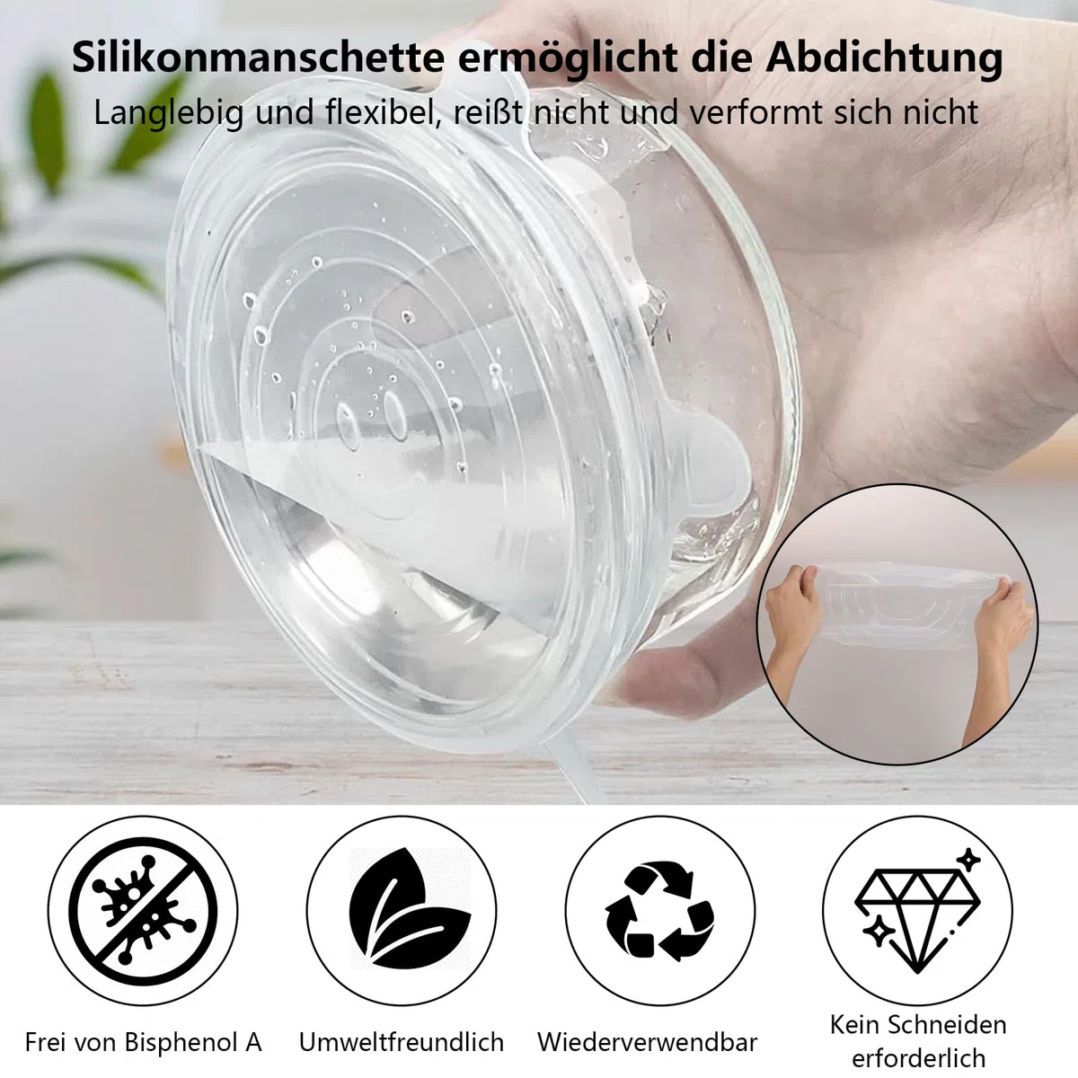 6 coperchi in silicone estensibili, 25 cm, rotondi, trasparenti, senza BPA, riutilizzabili, per bicchieri, lattine, frutta