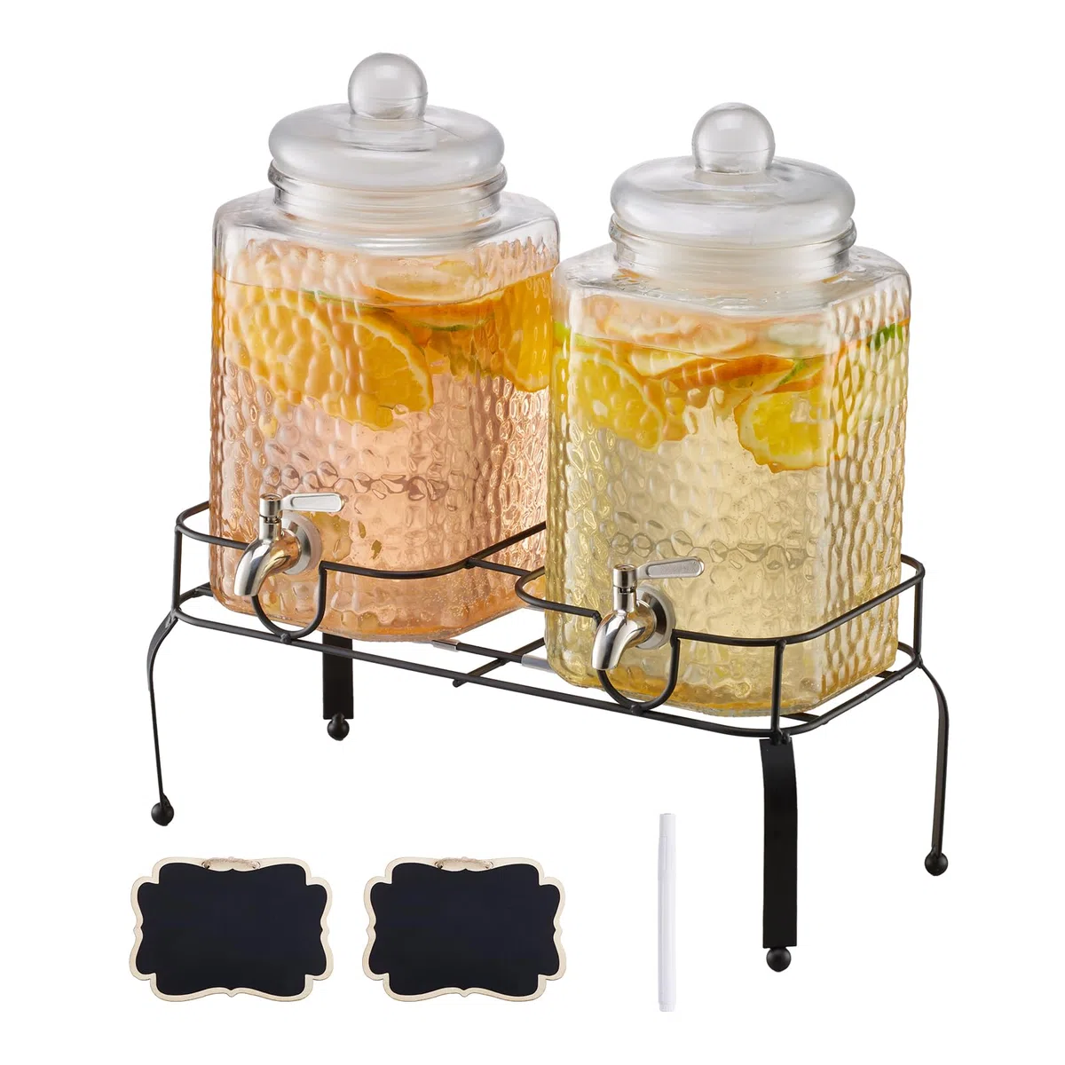 VEVOR Distributore di Bevande, 2 Pezzi da 5,5 L, Contenitore di Succhi in Vetro con Supporto in Metallo, Rubinetto in Acciaio Inox, Infusore, Distributore di Tè Freddo, Limonata, per Feste