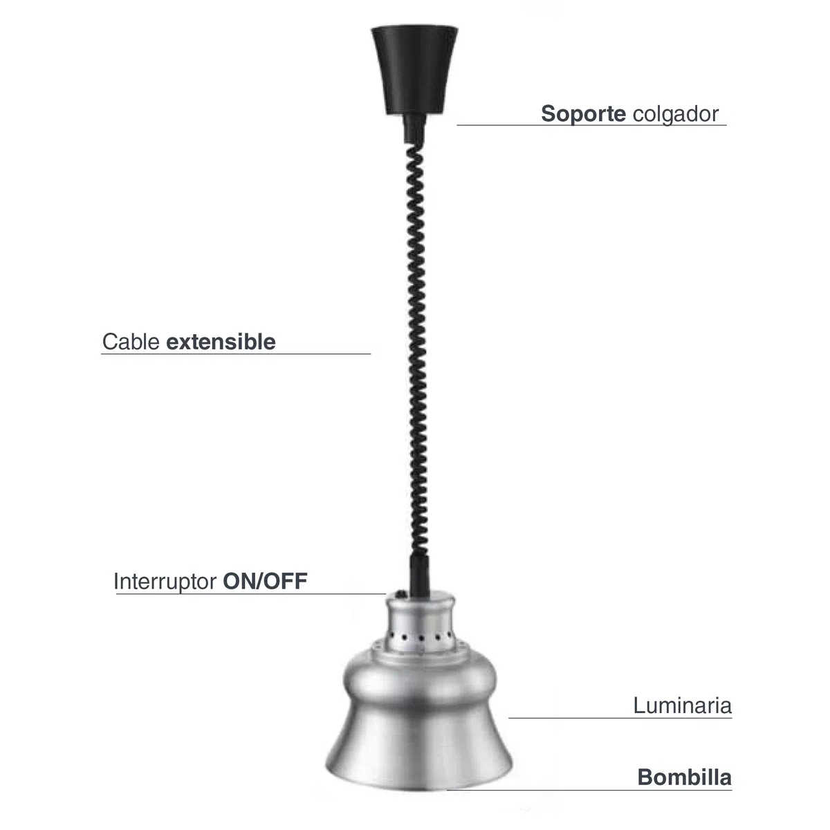 Lacor - 69266 - Lampada riscaldante a infrarossi, Mantiene i piatti caldi, secchi, Con cavo a sputo flessibile da 30 a 110 cm, Include lampadina, cucina professionale, 275W, Alluminio