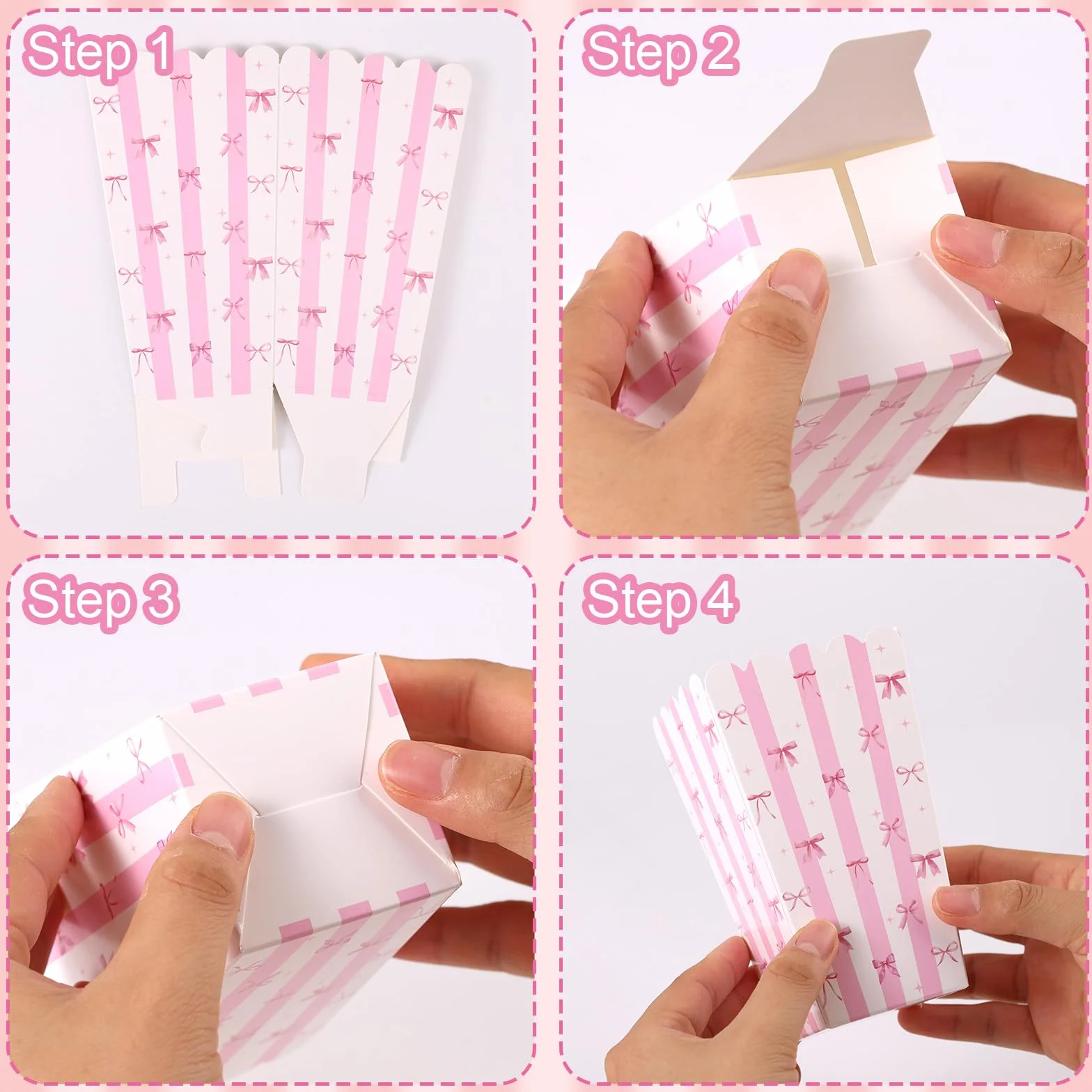 BOXOB 24 Scatole per Popcorn con Fiocco Rosa, Piccole Scatole Snack Biscotti e Caramelle Contenitori Popcorn per Feste di Compleanno Bambini Bambine (Bianco Rosa)