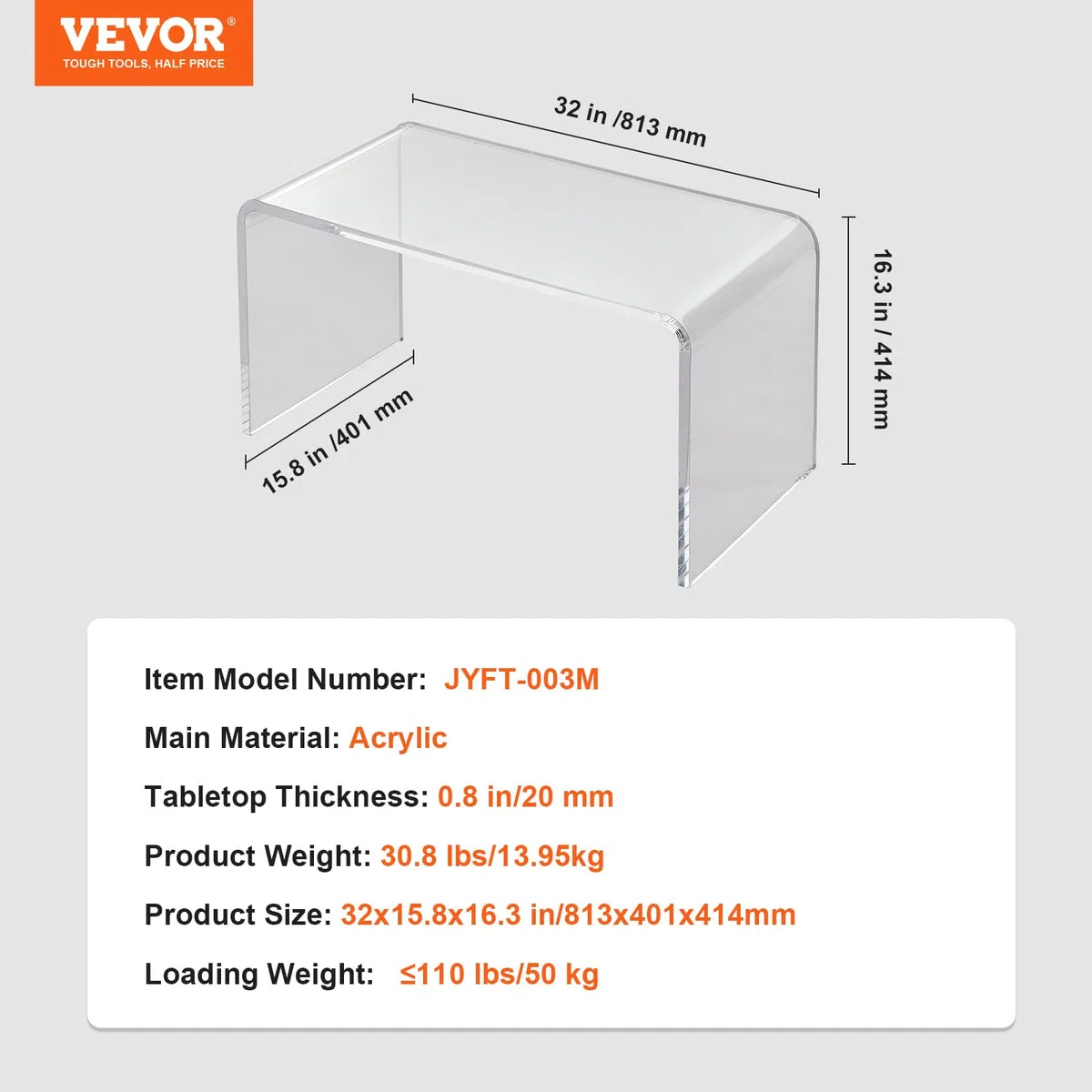 VEVOR Tavolino da Salotto in Acrilico Trasparente Tavolino da Soggiorno 813 x 401 x 414 mm, Tavolo da Ingresso Spessore 20 mm Portata max. 50 kg, Tavolino per Soggiorno Camera da Letto Balcone Caffè