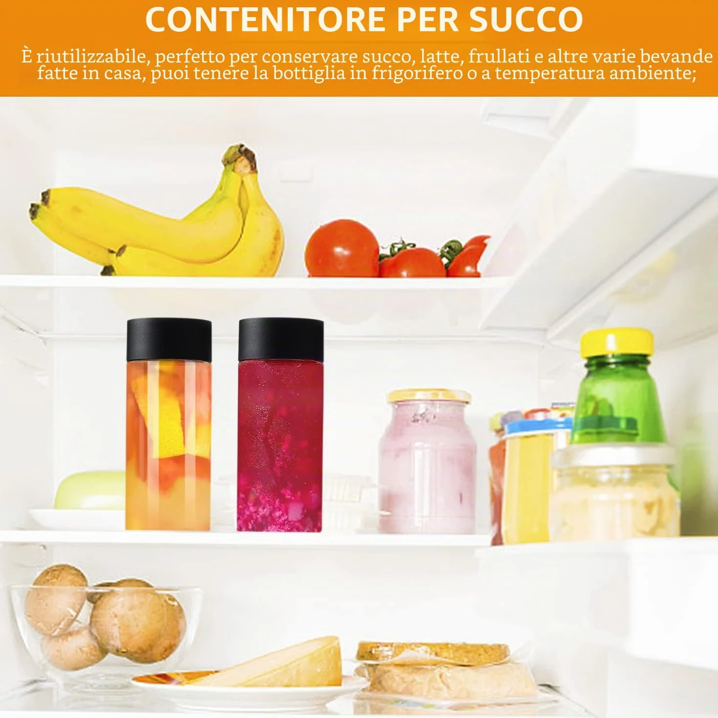 Pacchetto di 4 Bottiglie di Plastica con Etichetta di Frutta, Tappi e Contenitori Trasparenti - Ideali per Succo, Latte e Bevande Fatte in Casa