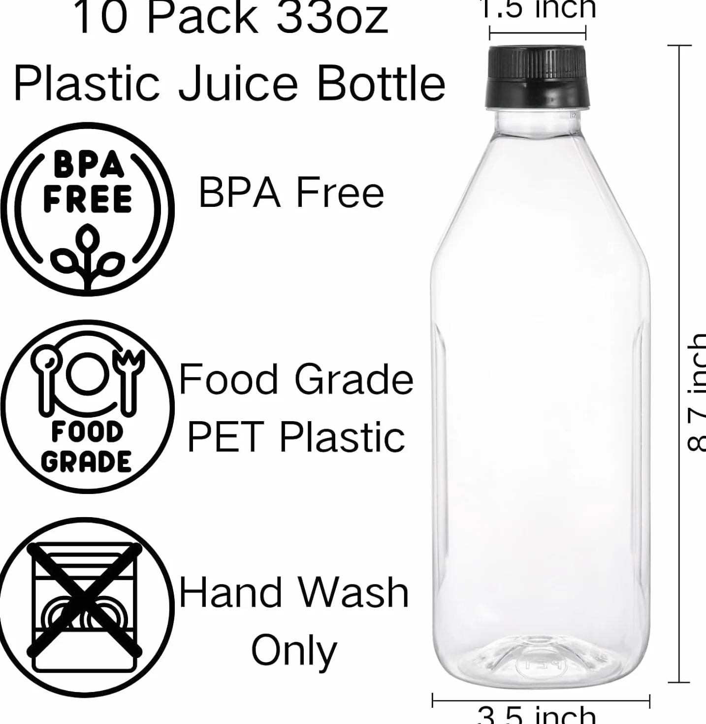 Coloch Confezione da 10 Bottiglie di Plastica per Succo da 33 Oz con Tappi Neri, Bottiglia Vuota Trasparente da 1L Bottiglia Riutilizzabile per Bevande in Plastica per Latte, Acqua, Succo, Bevande