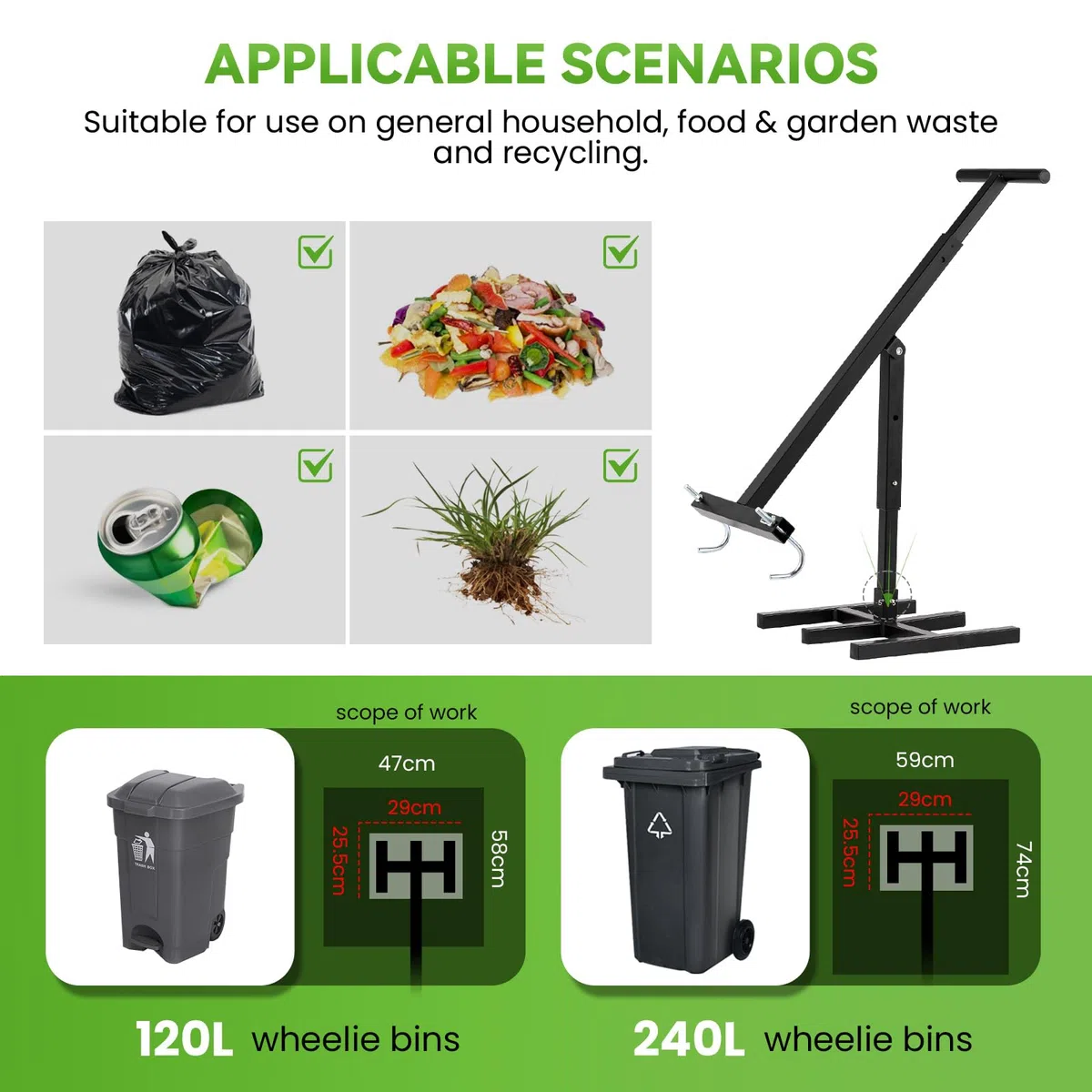 NEWTRY Compressore rifiuti per bidoni da 120L-360L, Ridurre il volume dei rifiuti domestici cucina giardino,nero