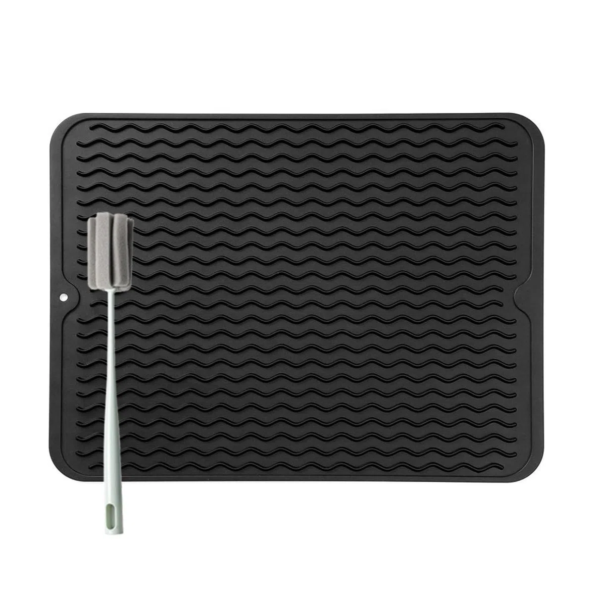 Tappetino scolapiatti in Silicone - 40 x 30 cm Grande Tappetino Antiscivolo scolapiatti, Senza BPA, Tappetino scolapiatti Arrotolabile con Spazzola per la Pulizia in Spugna