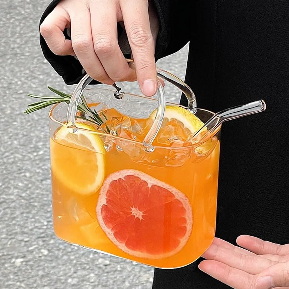 BlissfulAbode Portabevande in vetro a forma di borsa chic trasparente con manico, doppio uso, server per bevande, per cocktail, succhi di frutta, bibite, fiori, decorazione da tavolo alla per moda