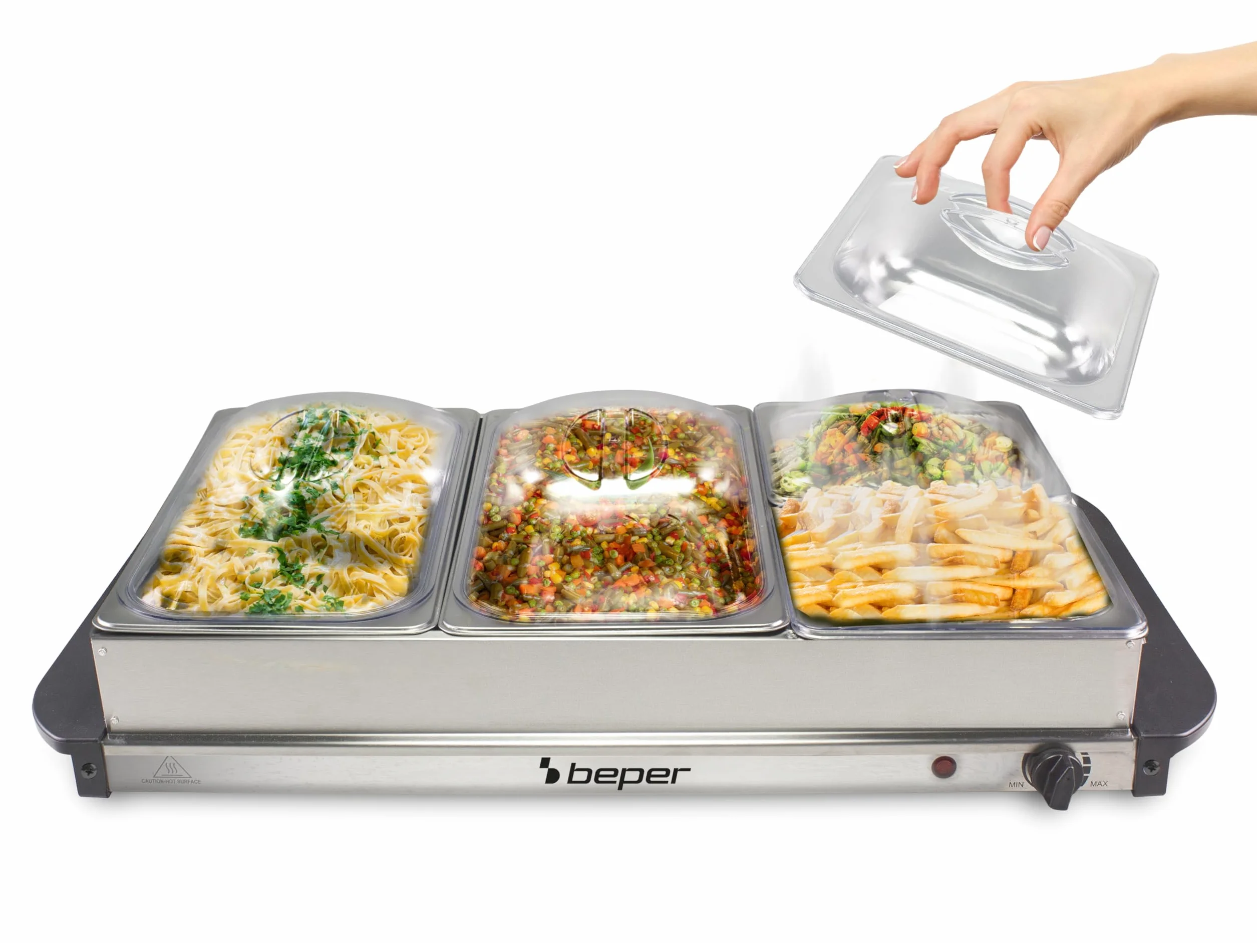 BEPER P101TEM002 Scaldavivande da Buffet, Mantenitore di Calore per Pietanze, 4 Vassoi Rimovibili + Base Piastra Calda, Termostato Regolabile e Maniglie Termoisolanti, Ideale per feste ed eventi