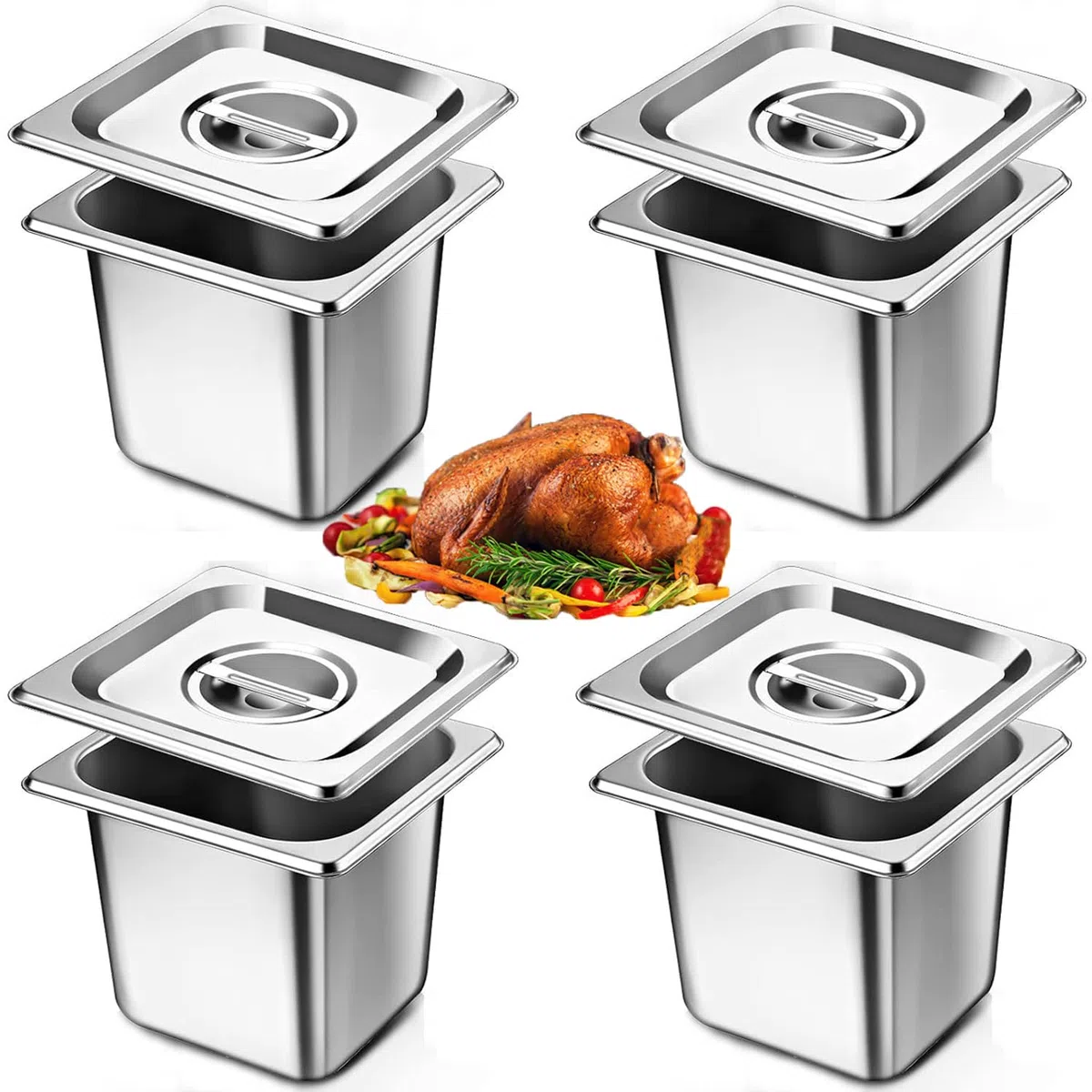 4 contenitori in acciaio inox con coperchio, 150 mm di altezza, contenitore per alimenti in acciaio inox, gastronorm 1/6 resistente al calore, 17,5 x 16 x 15 cm